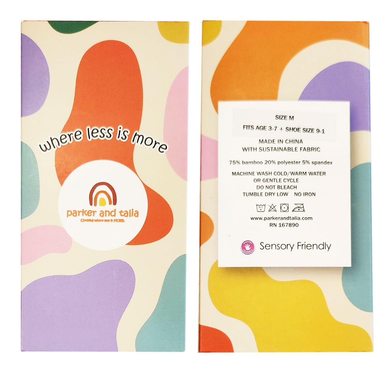 Parker and Talia product packaging with colorful abstract patterns and text.