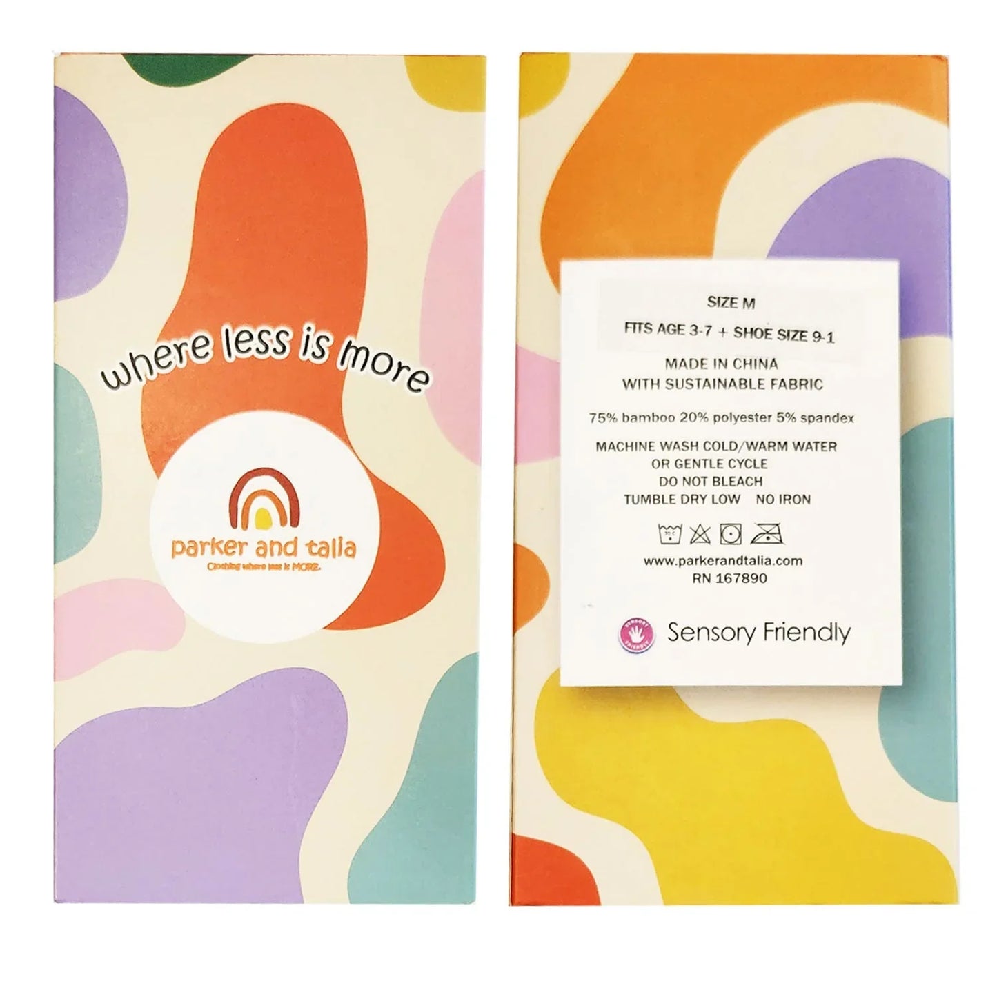 Sensory-friendly socks packaging with colorful abstract design for children, sustainable fabric info visible.