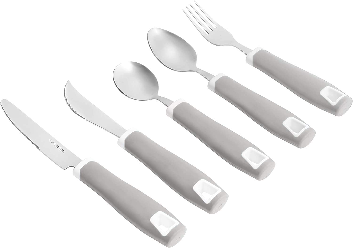 Set of 5 Gray Adaptive Utensils - Stainless Steel Knife, Rocker Knife, Fork, Soup Spoon, Dinner Spoon - Insight Family Market