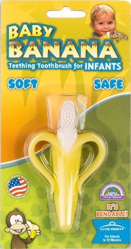 Baby Banana teething toothbrush packaging with a child and monkey illustration on a yellow and green background.