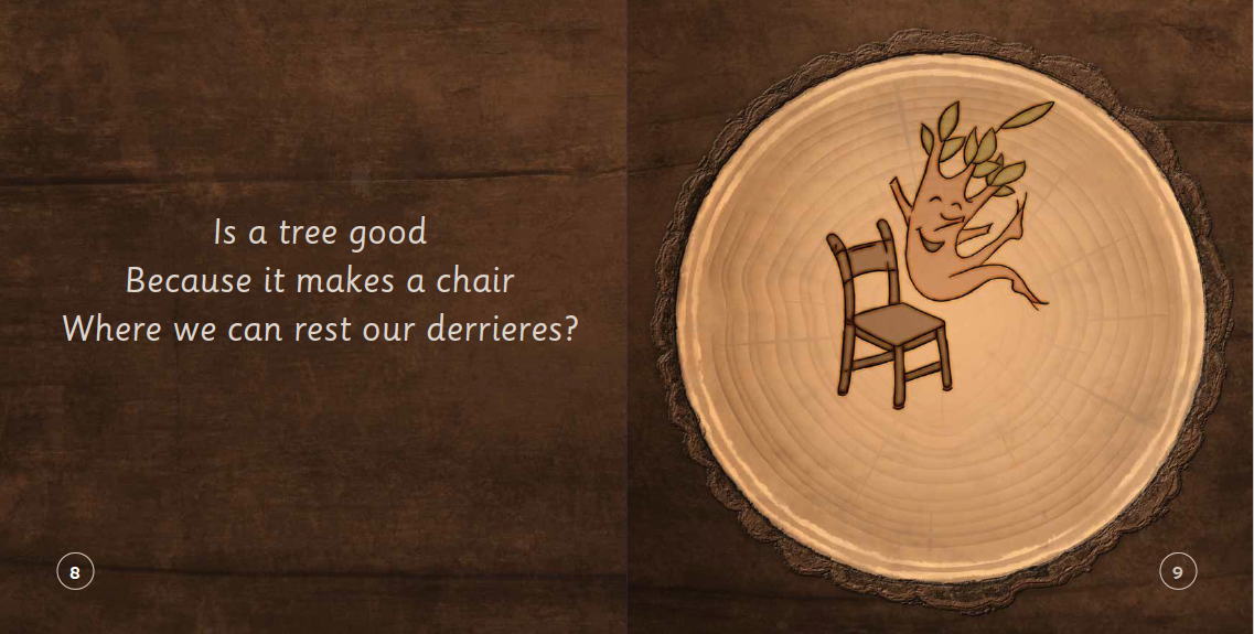 Wooden cutout with a chair and tree illustration on a wooden background with text.