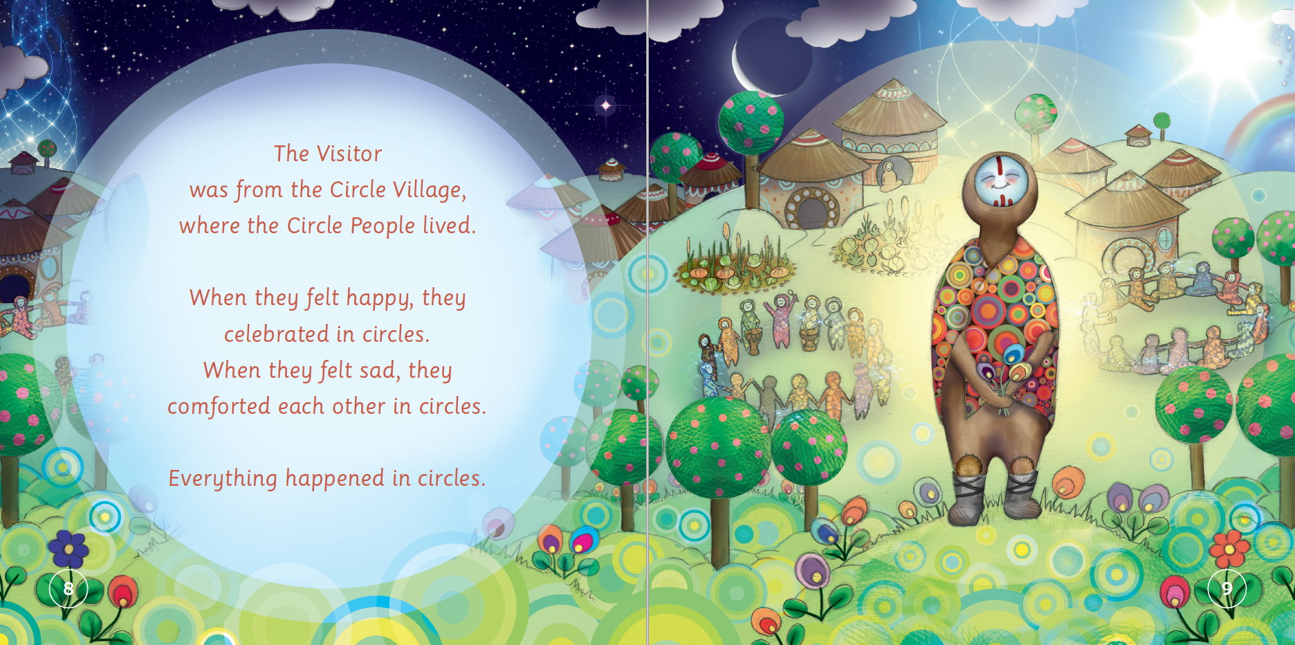 Illustration of a character from 'The Visitor' book with text about the Circle People and their village.