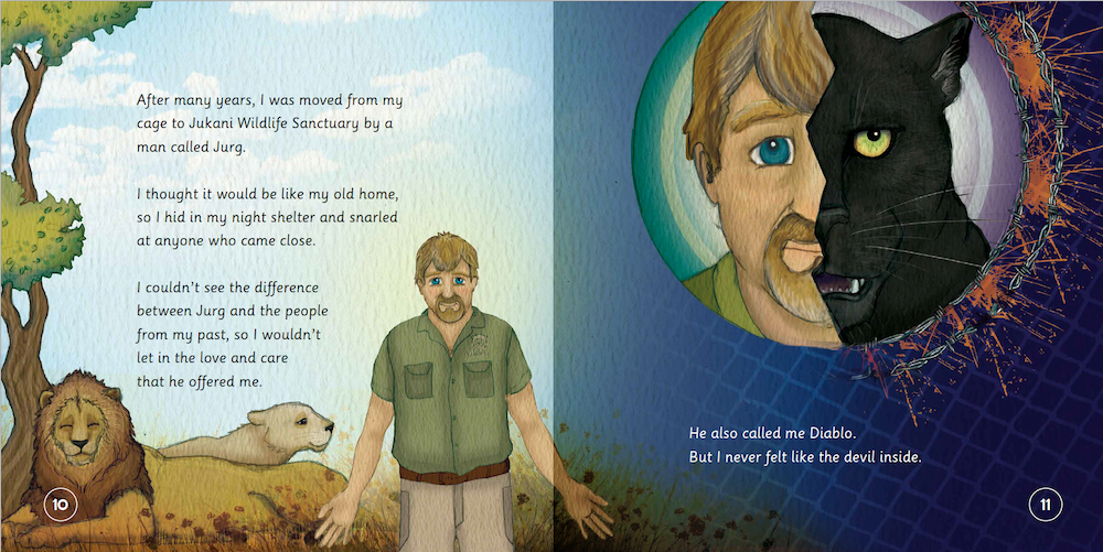 Illustrated book page with a man, lion, and text on one side, and a face with a black cat's face superimposed on the other side.