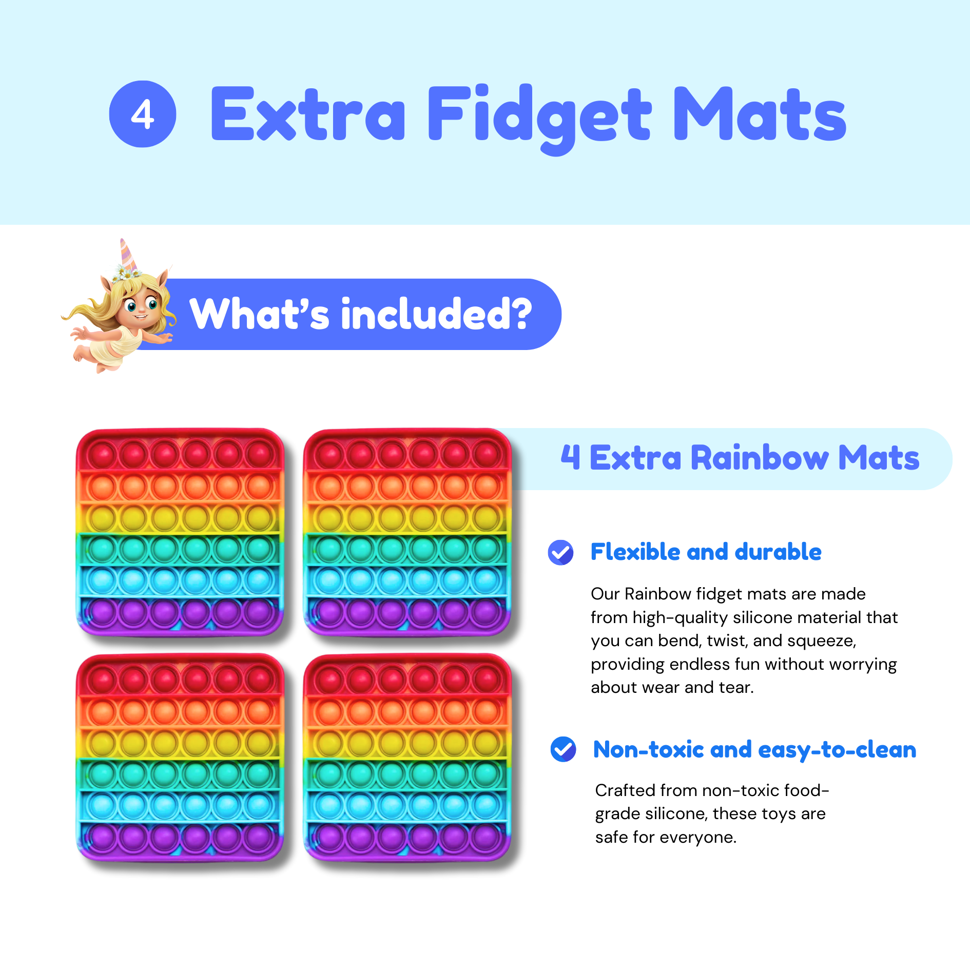 Four rainbow fidget mats with text about their features on a blue background