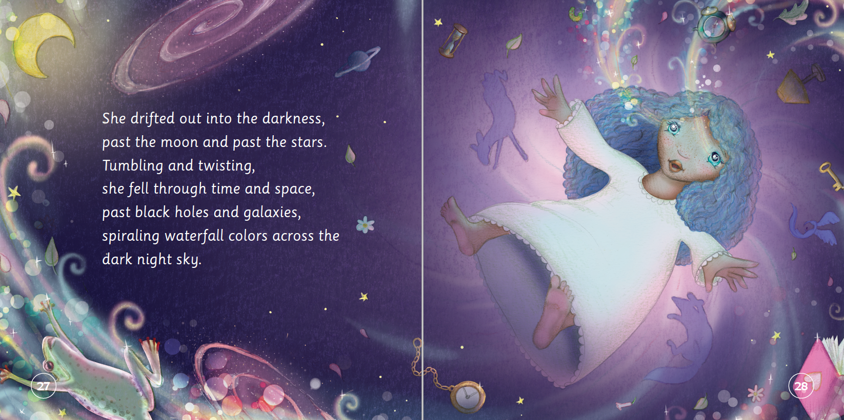 Illustration of a child in a white dress with blue hair against a cosmic background with text.