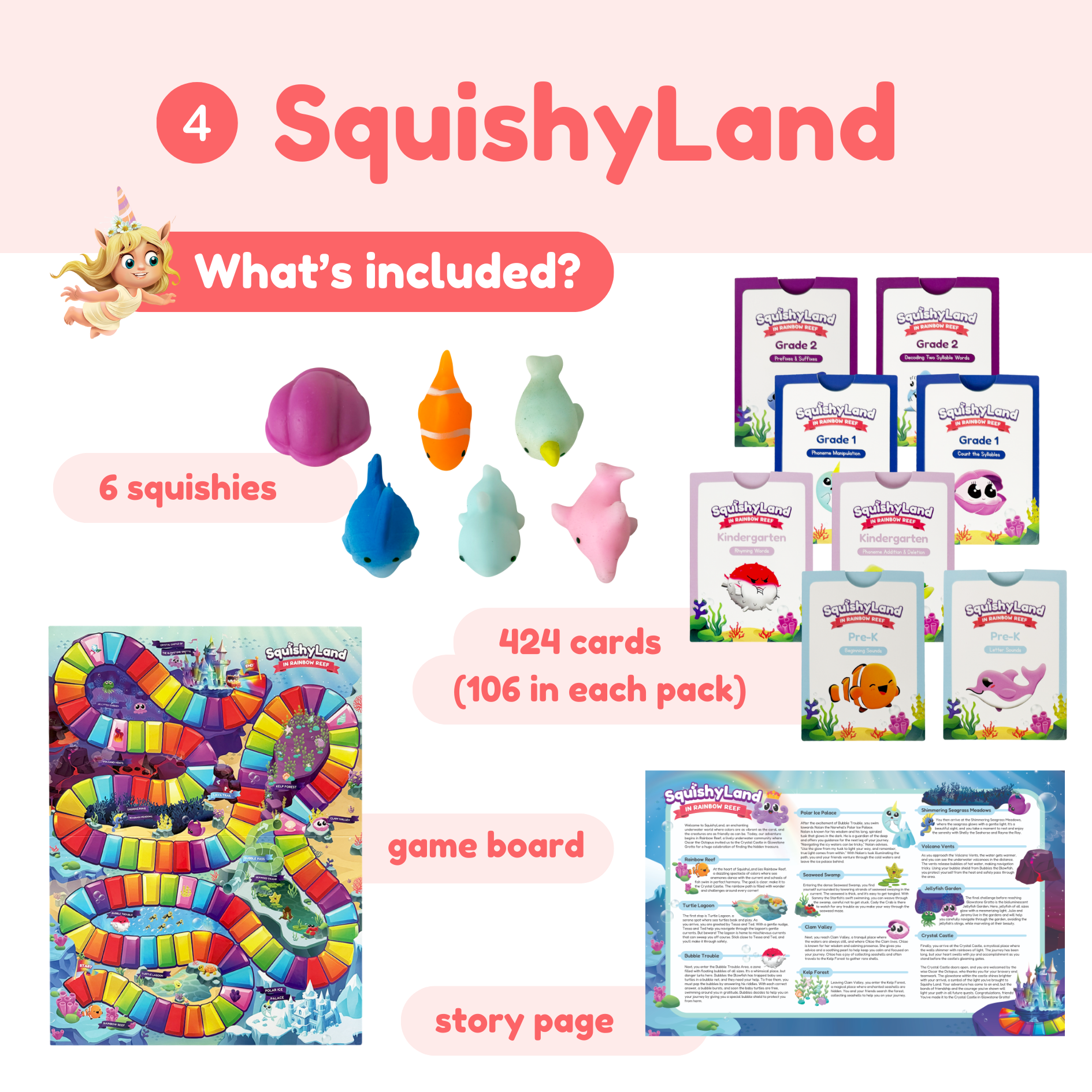 SquishyLand product set with squishies, cards, game board, and story page on a white background.