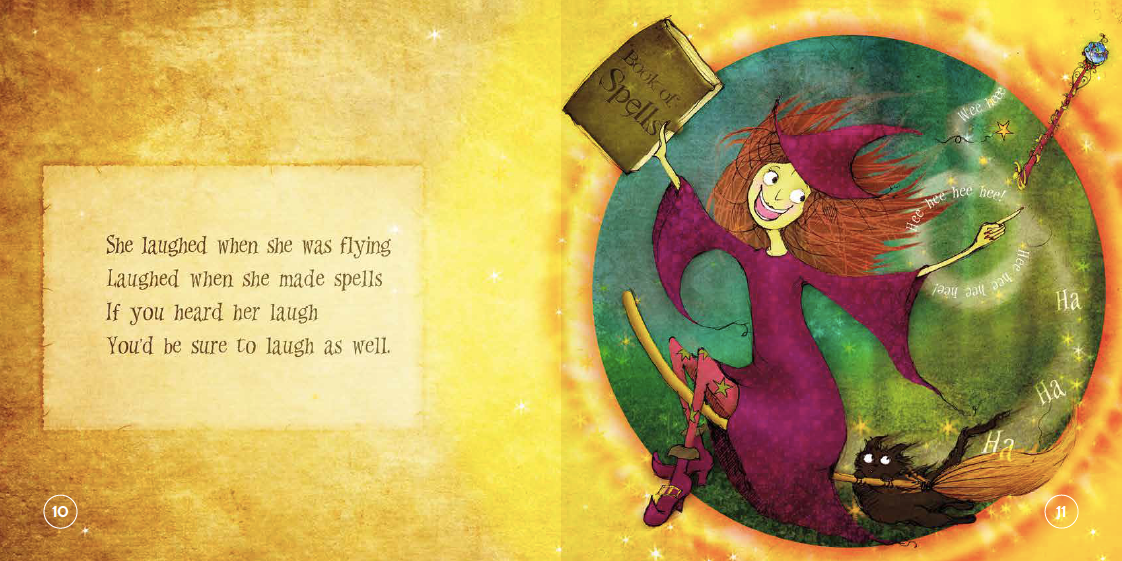 Colorful illustration of a witch with a broom and a hat labeled 'Sorceress' on a yellow background.