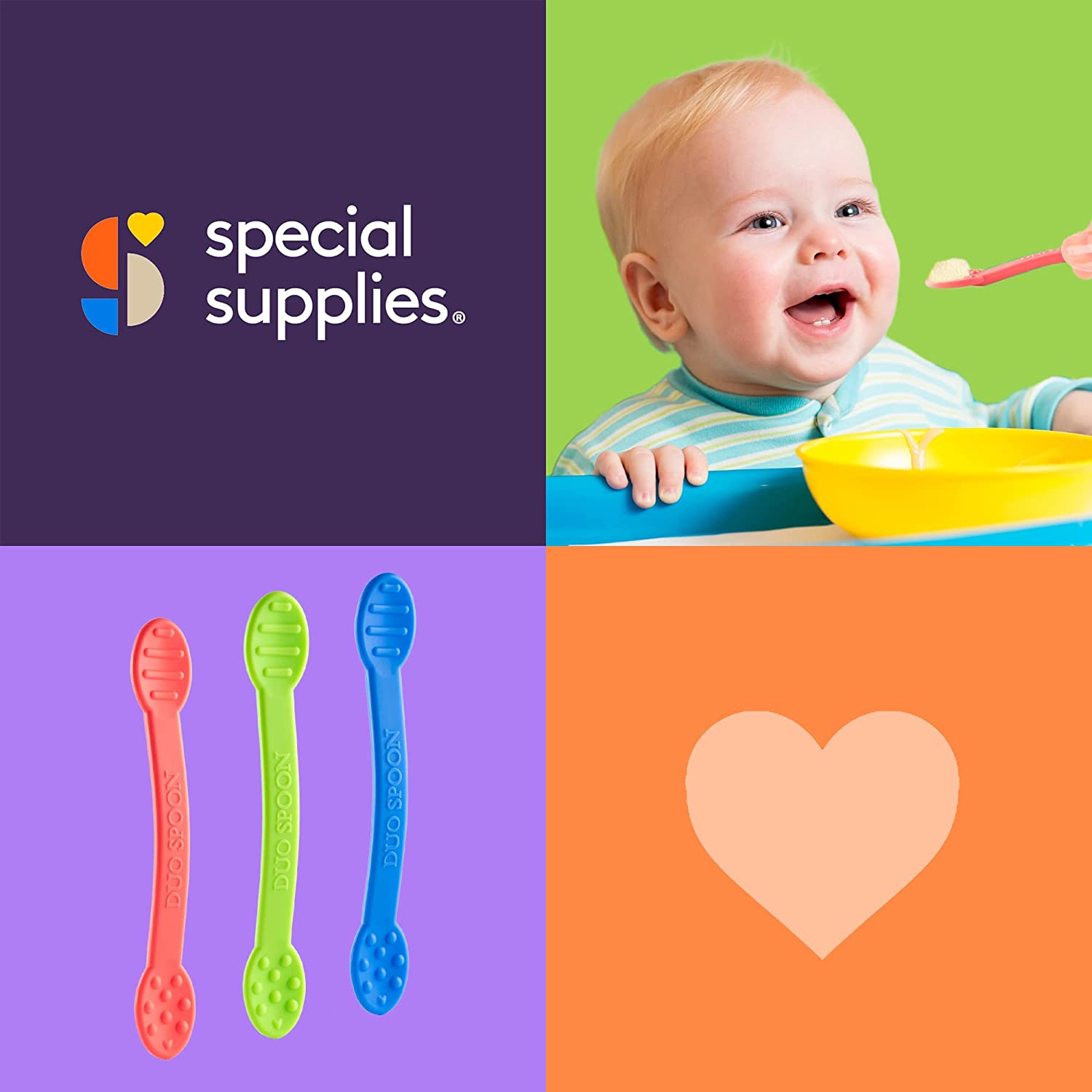 Promotional image for Special Supplies with a baby, colorful spoons, and a heart design.