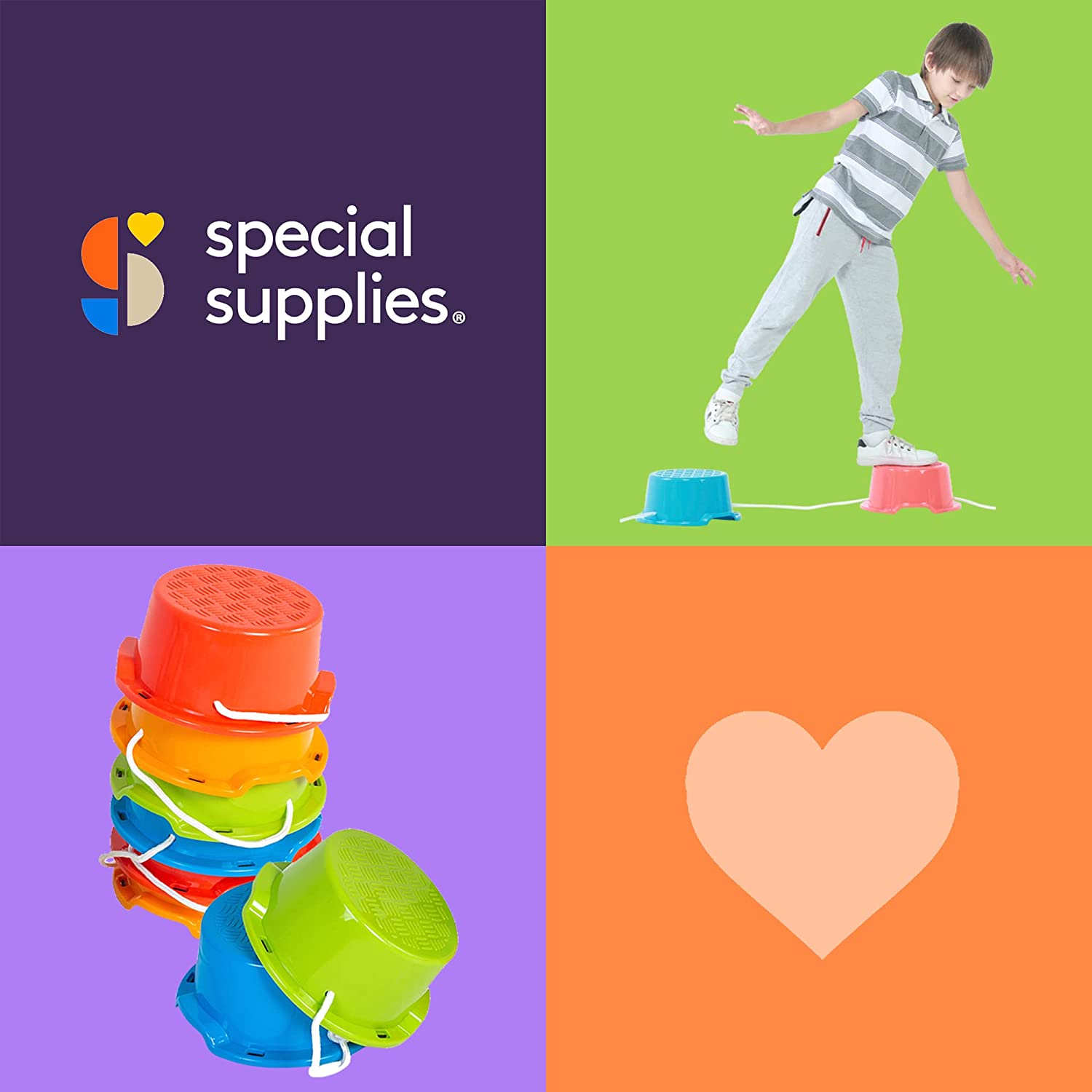 Four square collage with 'special supplies' logo, child on balance beam, colorful stacking cups, and heart symbol.