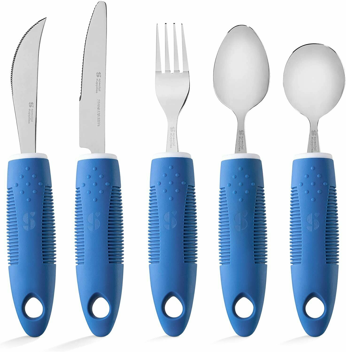 Set of cutlery with blue handles on a white background