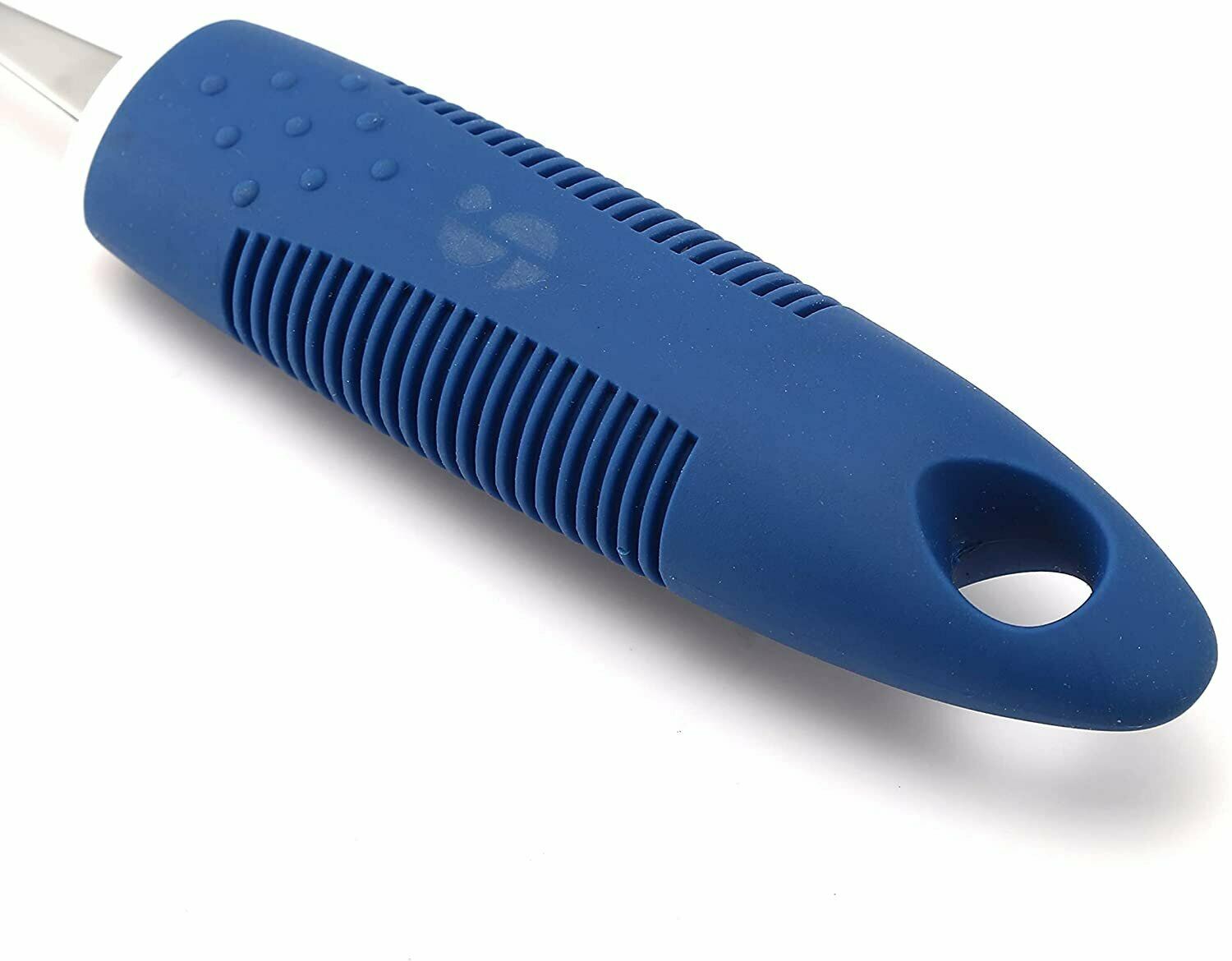 Blue plastic tool with a textured handle on a white background