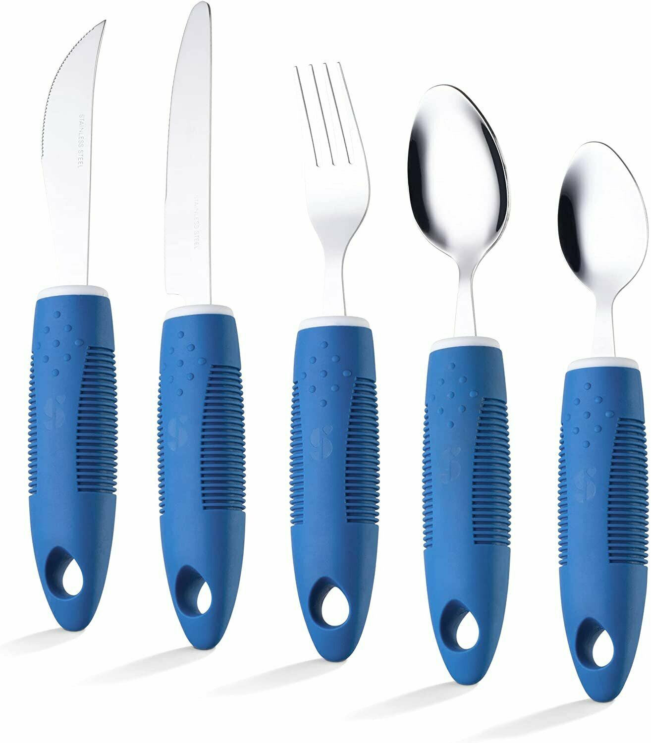 Set of silver cutlery with blue handles on a white background
