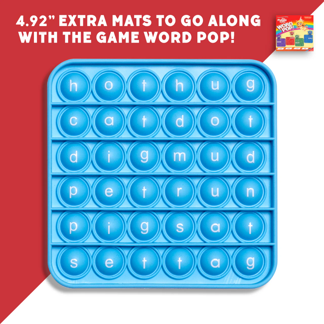 Blue bubble wrap with letters and numbers on a red background with text about 'Word Pop' game mats.