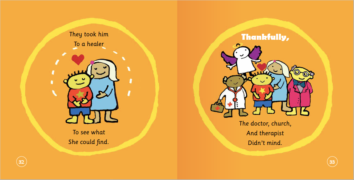 Illustrated book page with characters and text on a yellow background