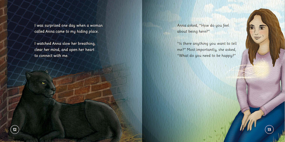 Illustration of a woman and a black panther with text on a blue background