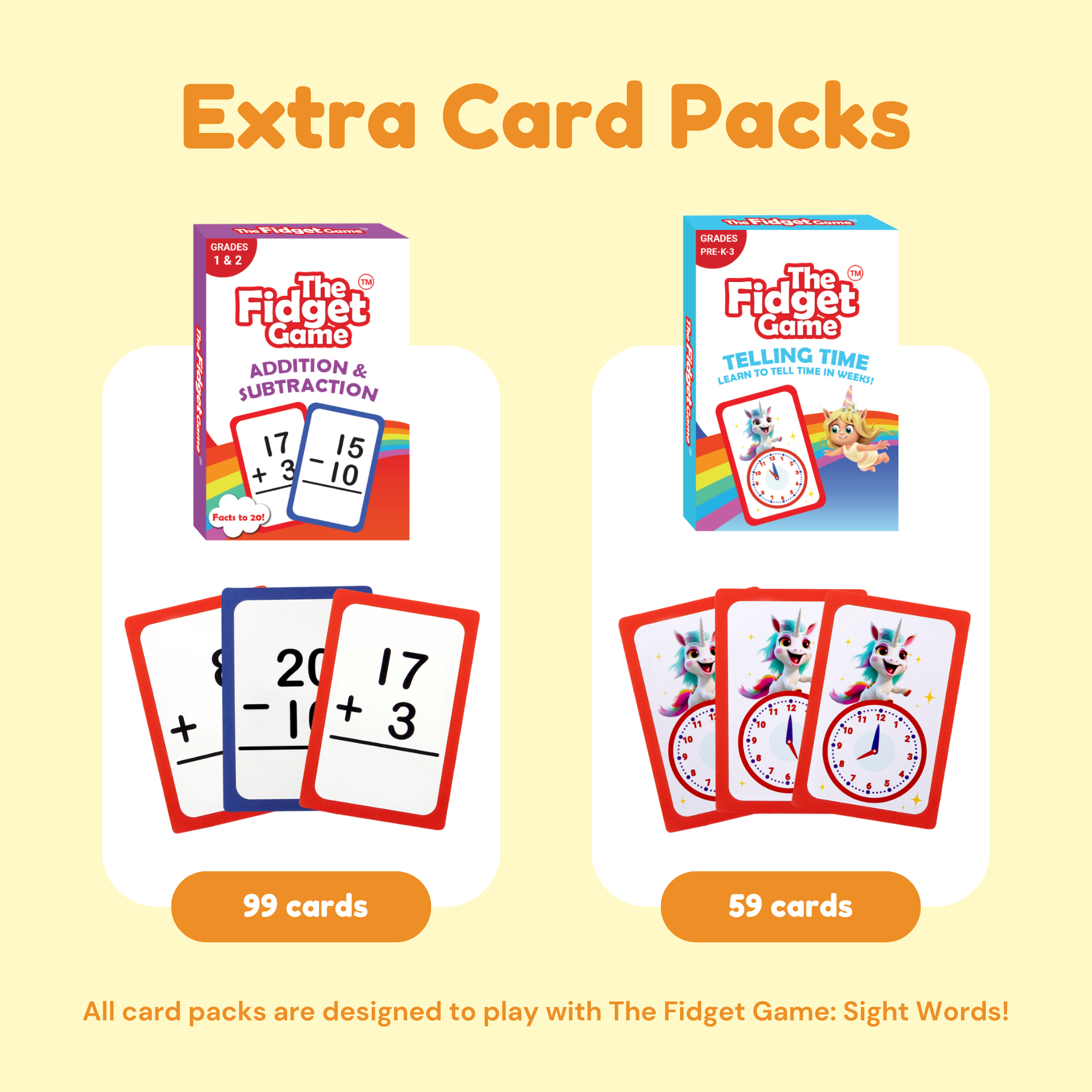 Two card packs from 'The Fidget Game' on a yellow background with text about additional card packs.