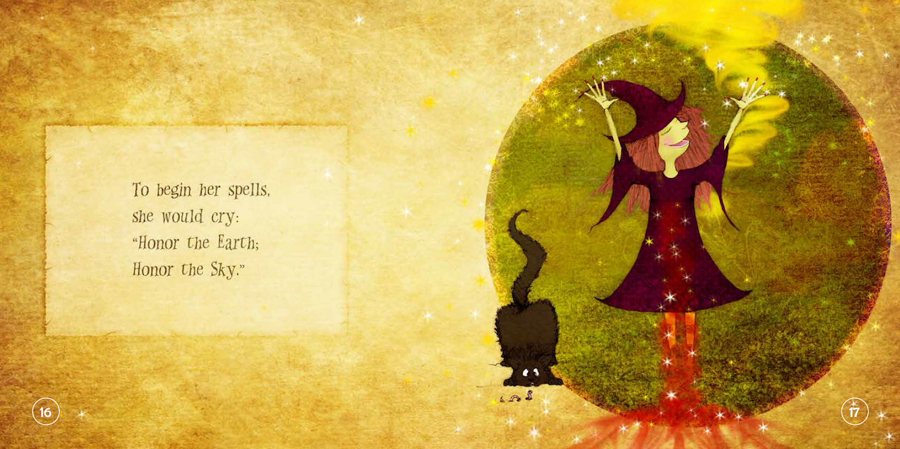 Illustration of a witch with a cat, surrounded by a circular design on a textured background.