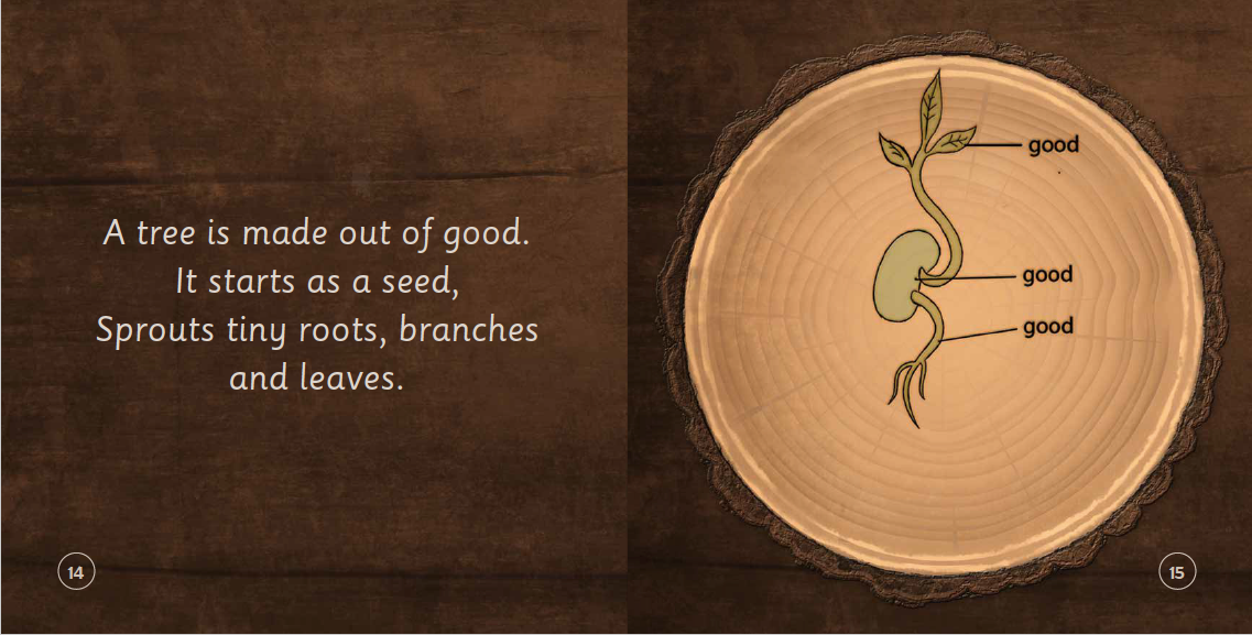 Wooden disc with a diagram of a tree's growth stages and a quote on a brown background
