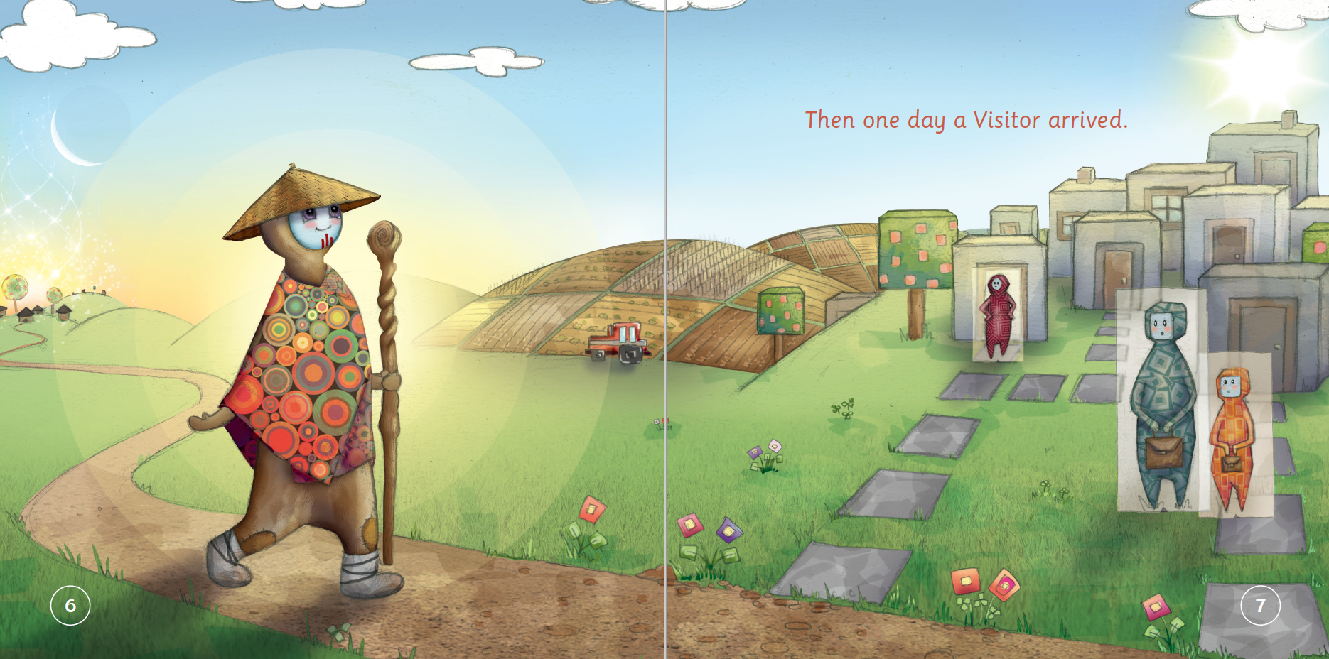 Illustrated book page with a character walking towards a village scene.