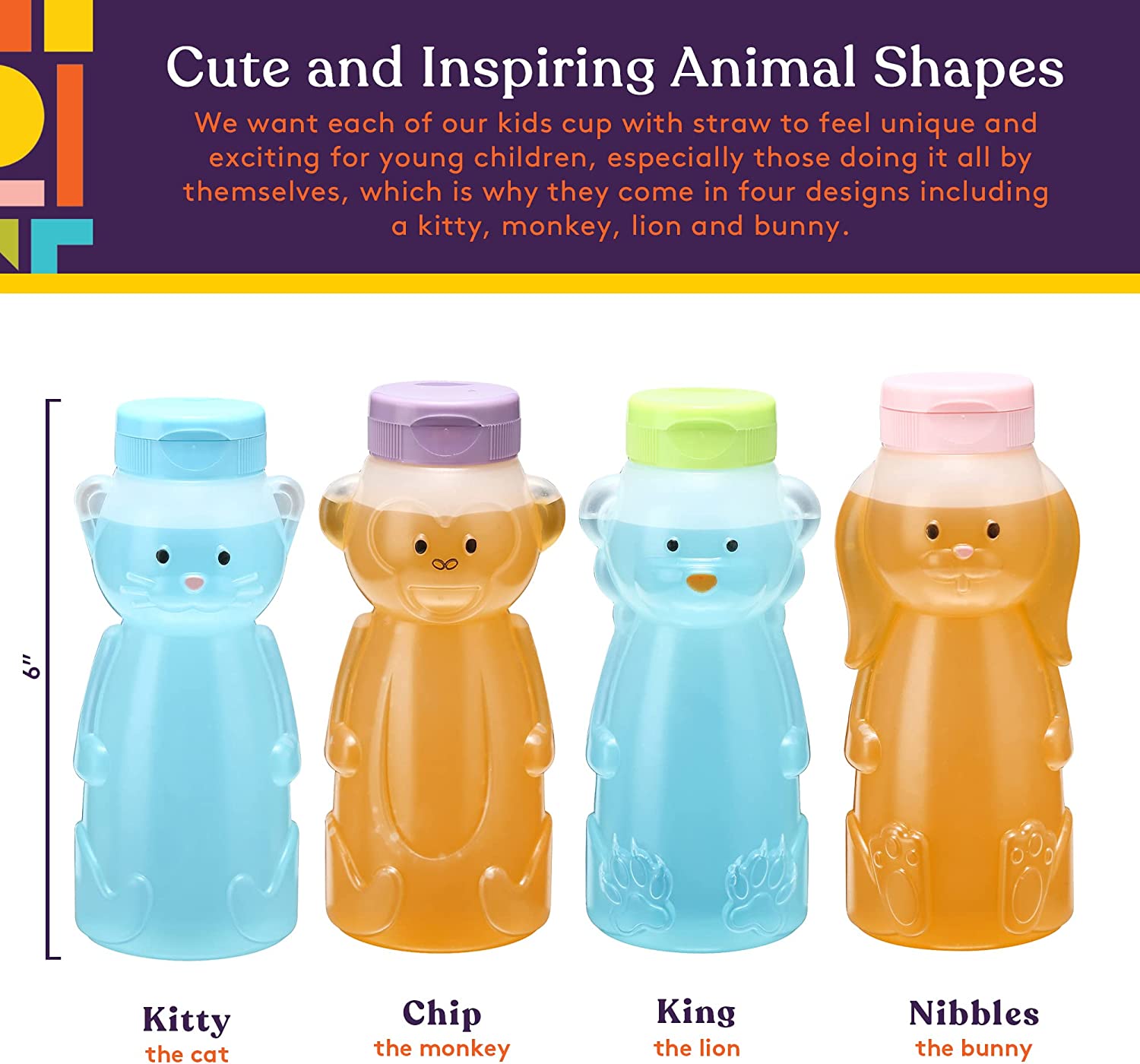 Four animal-themed cups with colorful lids on a promotional background.