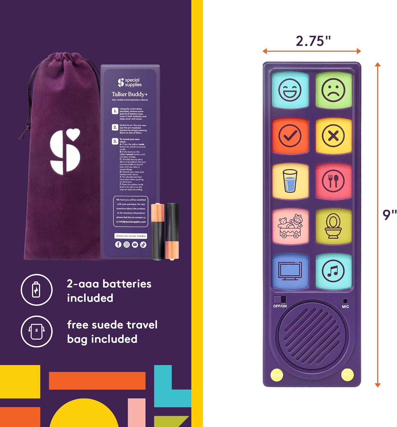 Purple communication device with colorful icons, packaging, and travel bag on a purple background