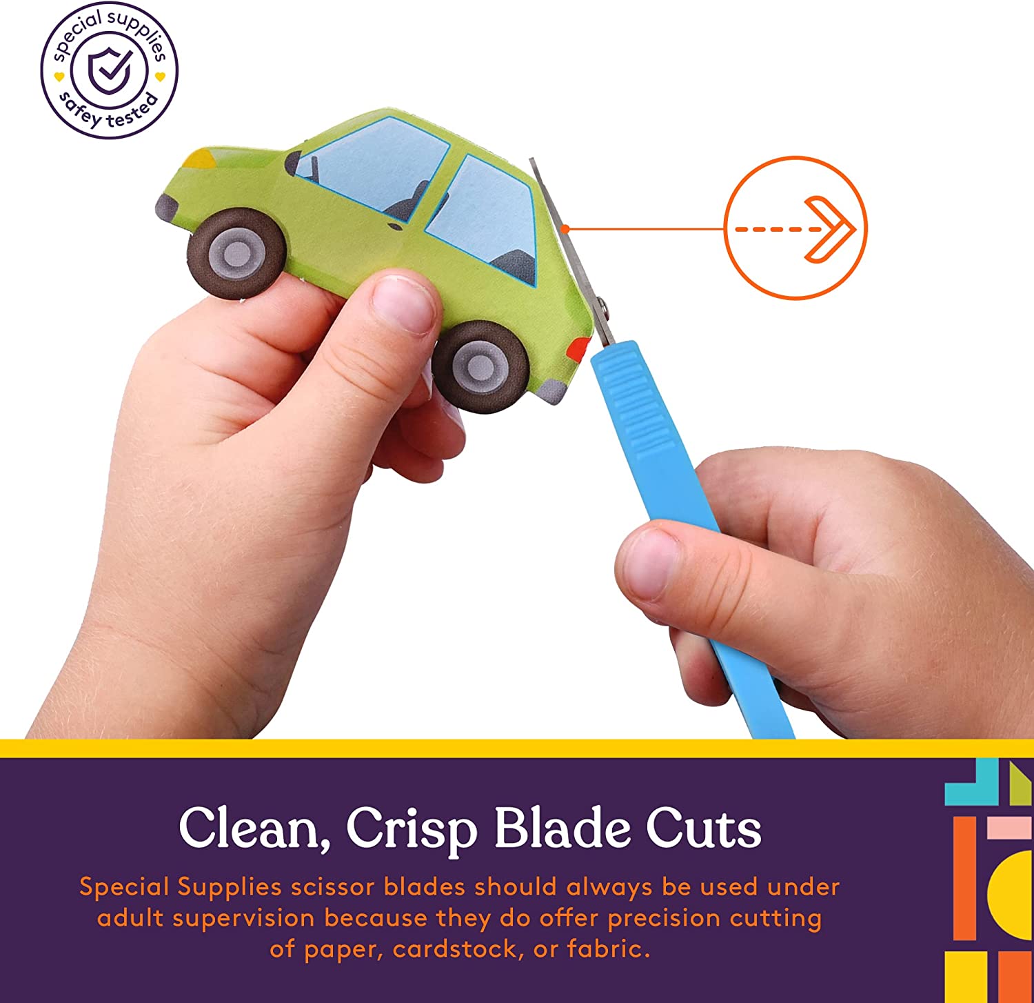 Child's hands cutting a small car-shaped object with scissors, with a safety label and text about using special supplies.