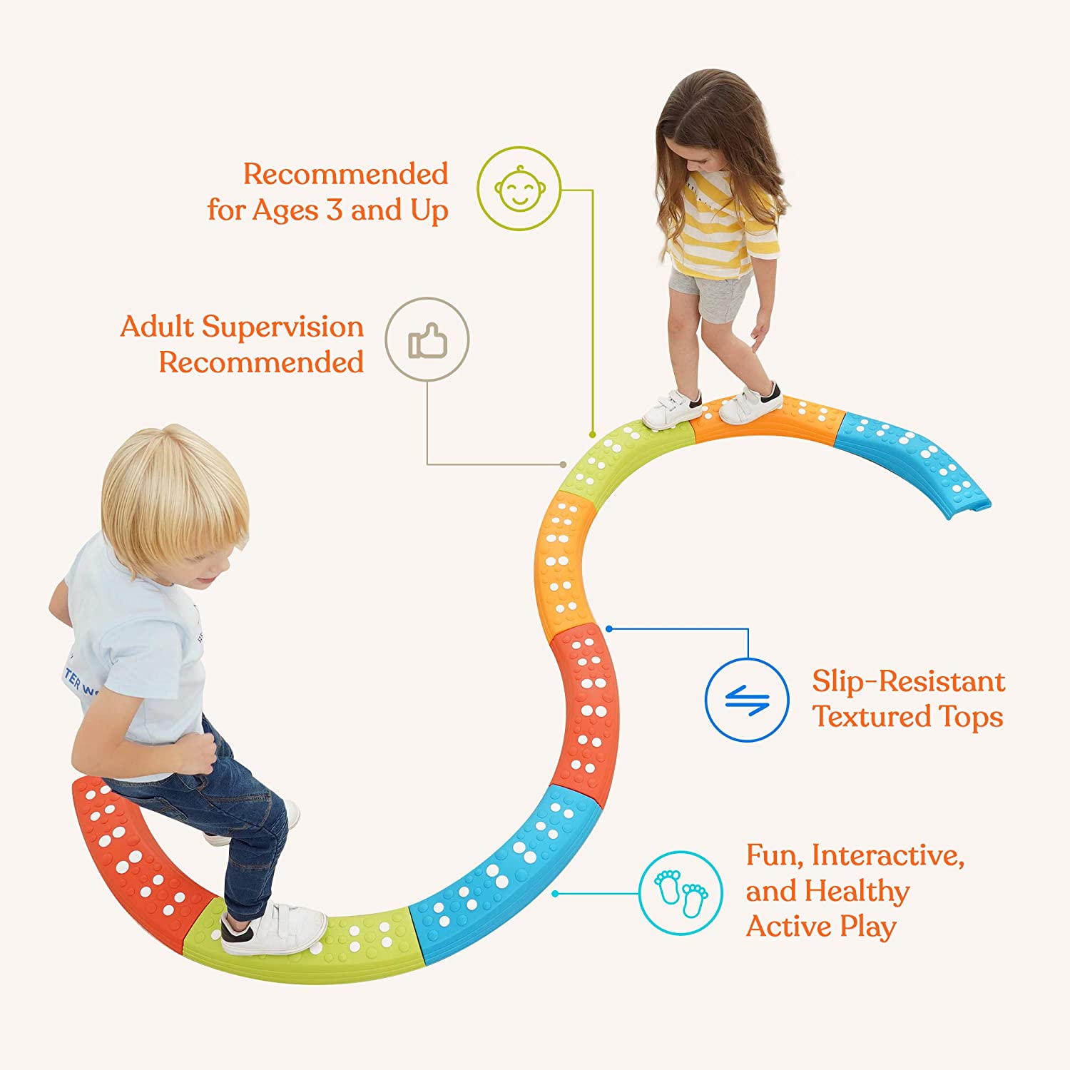 Children playing on a colorful balance beam with safety information and features.