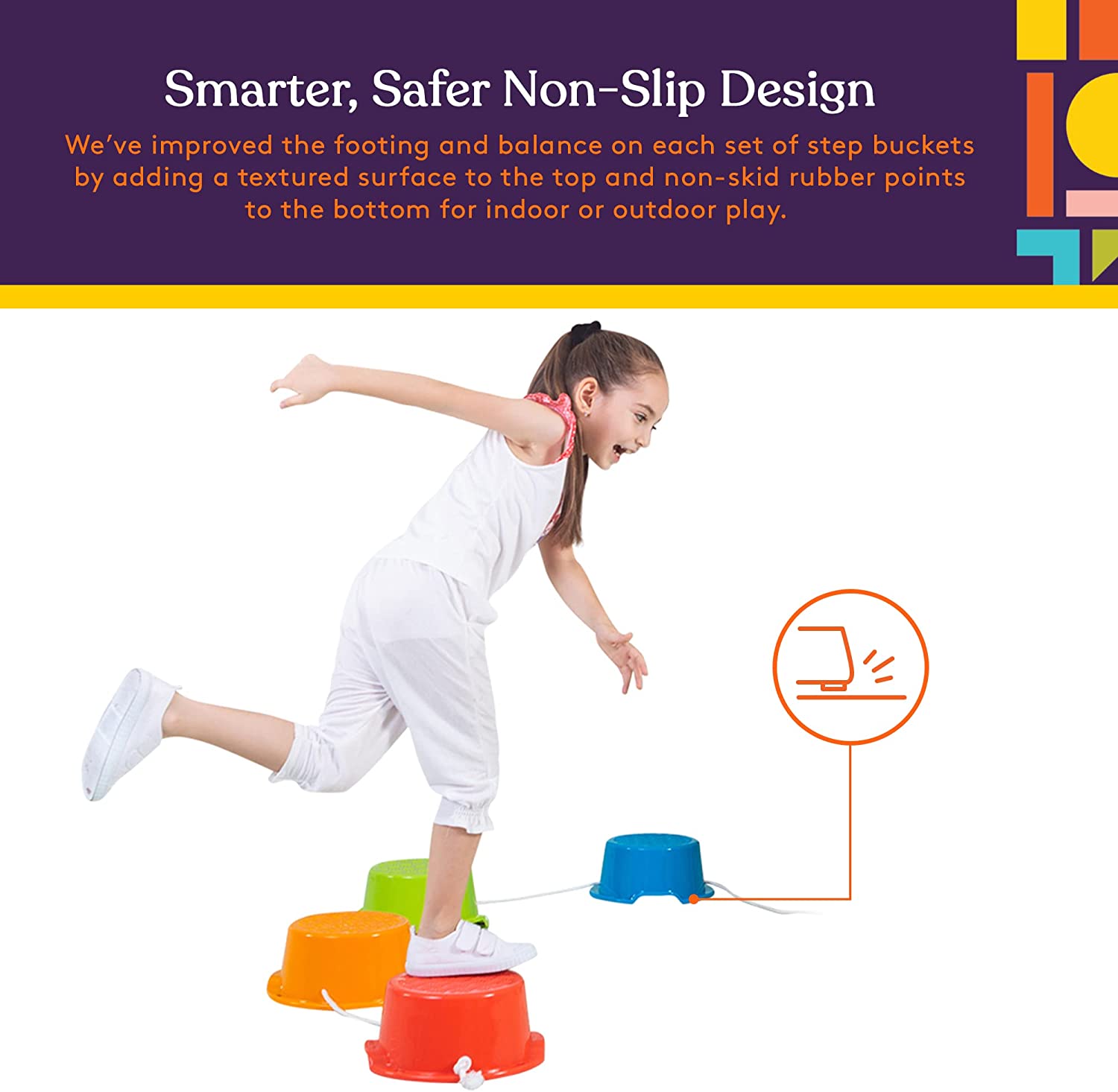 Child using colorful step buckets with text about non-slip design on a white background