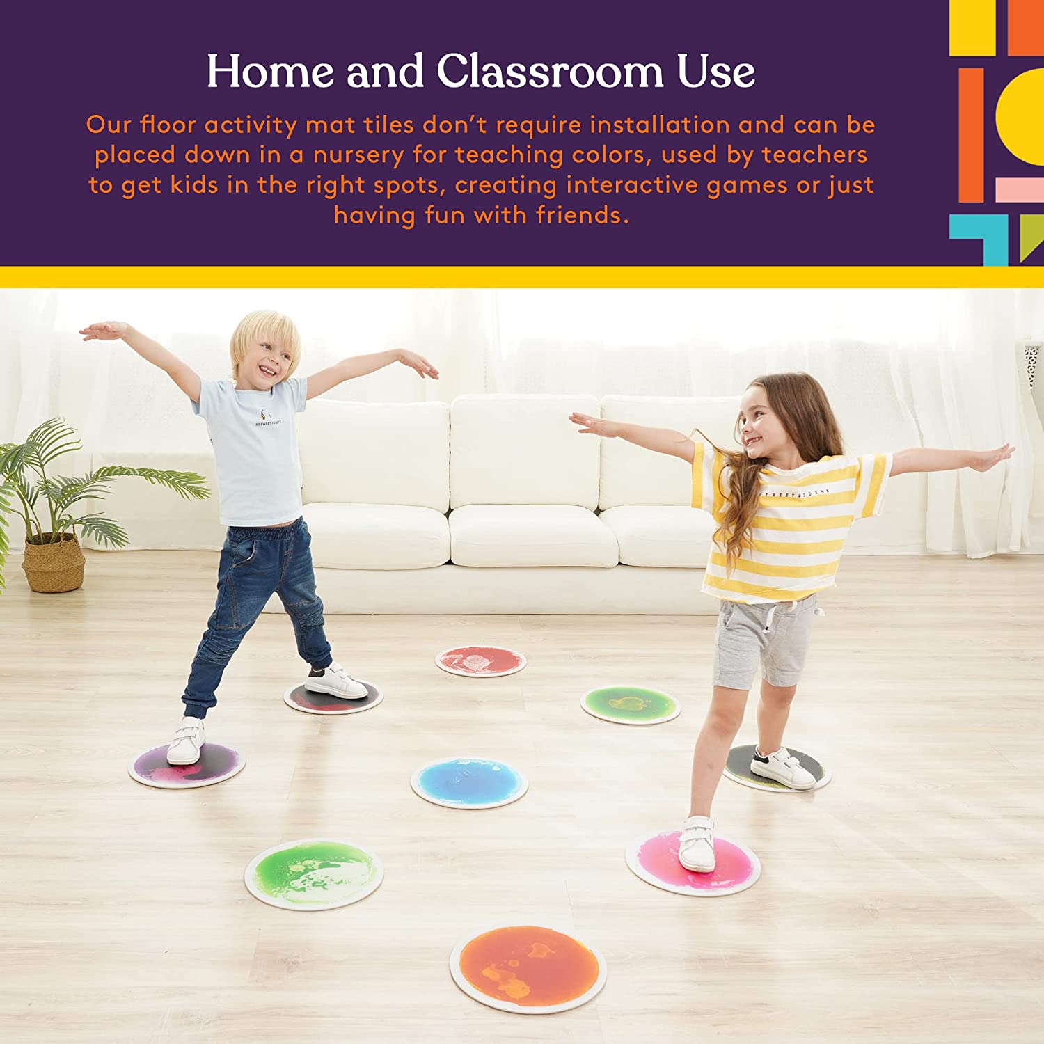 Two children playing with colorful floor mats in a living room.
