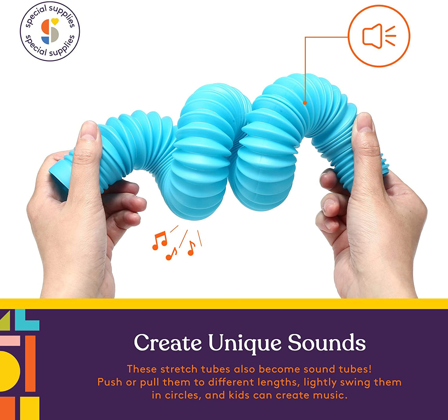 Blue stretch tube toy held by hands with text about creating unique sounds.