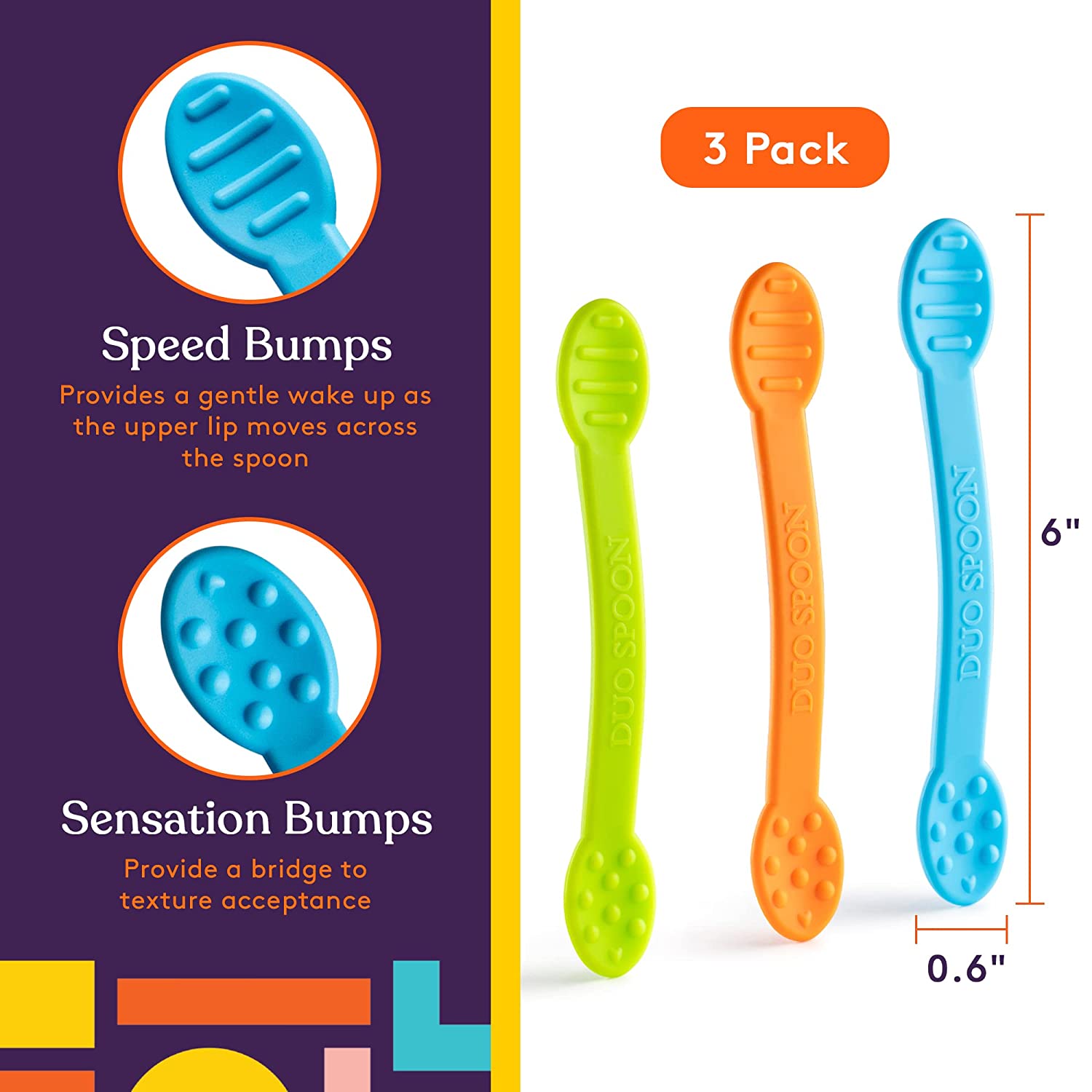 Three colorful baby spoons with text explaining 'Speed Bumps' and 'Sensation Bumps' on a purple background.