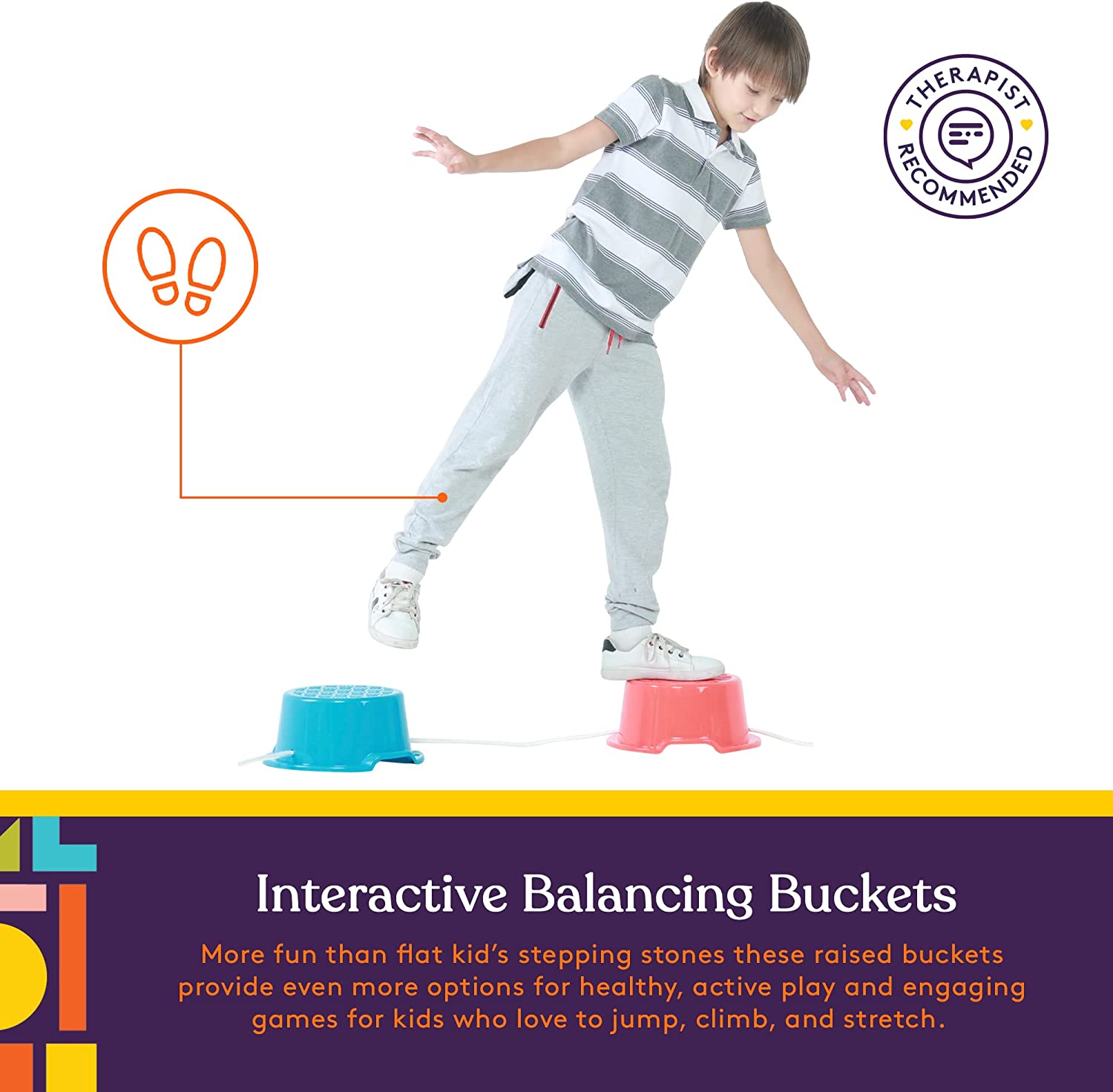 Child balancing on interactive stepping stones with text about the product's benefits.