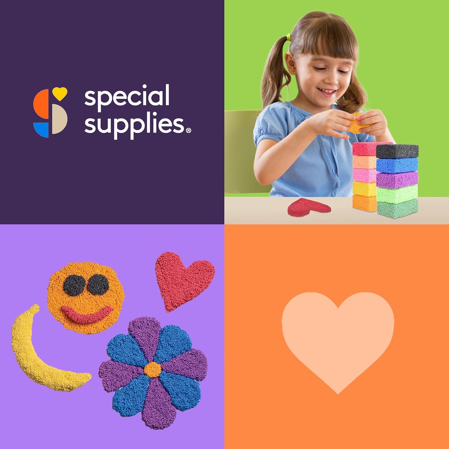 Collage of a child playing with colorful blocks, Special Supplies logo, and craft supplies on a multicolored background.