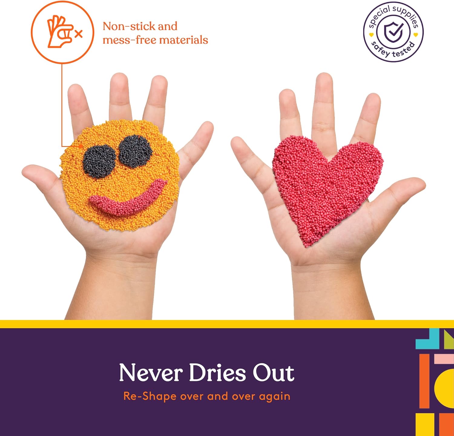 Two hands holding colorful textured objects shaped like a smiley face and a heart, with text about non-stick materials and re-shaping ability.