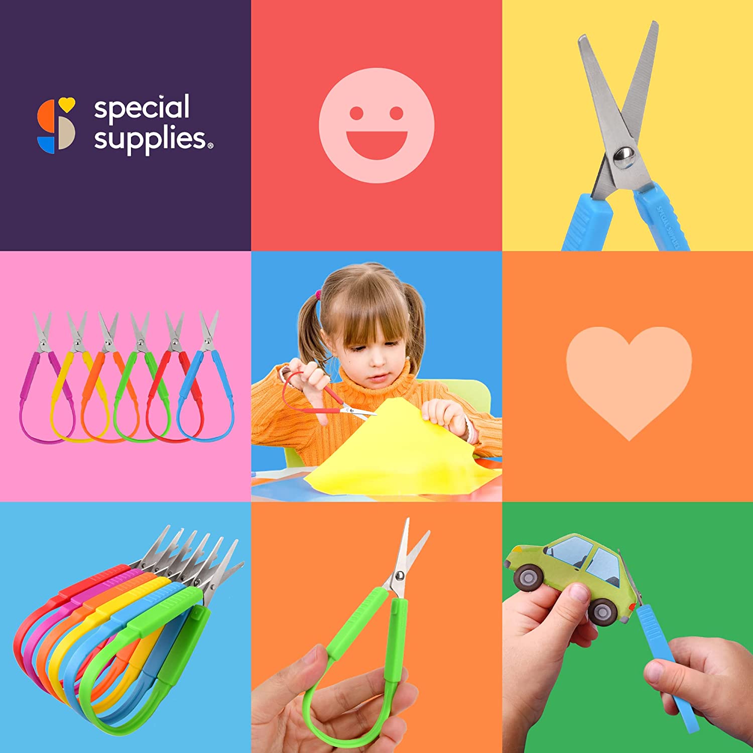 Collage of children's scissors with colorful handles on a grid background, featuring the 'special supplies' brand.