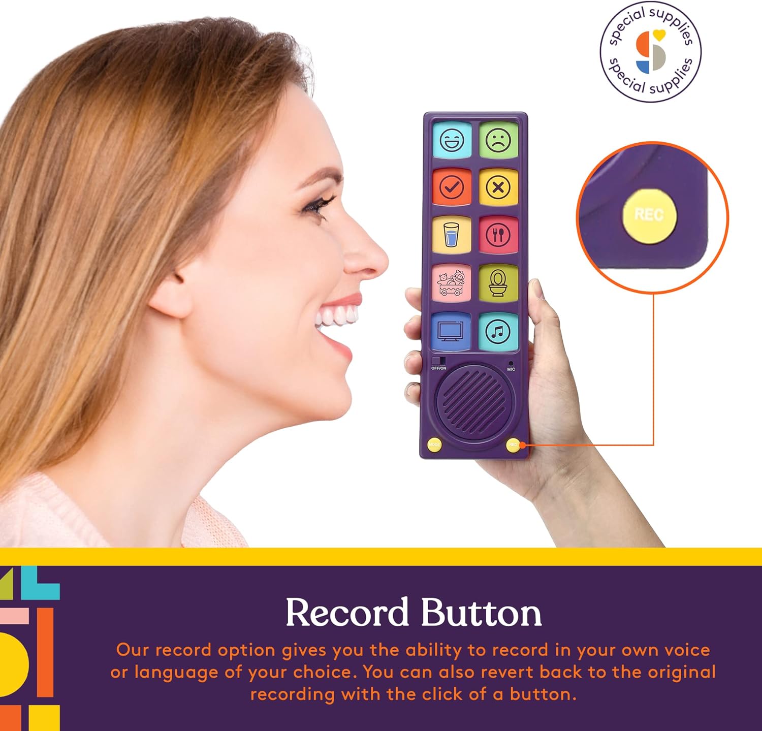 Person holding a colorful communication device with icons, smiling, and text about record option.