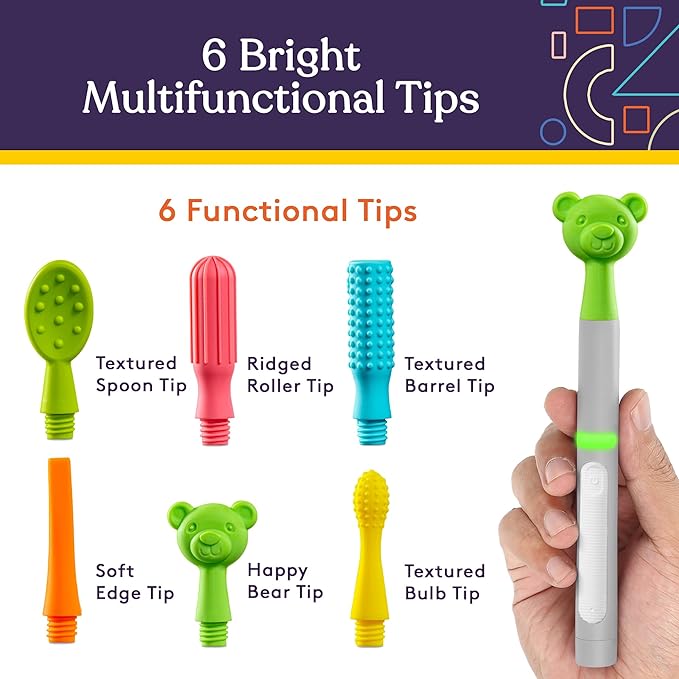 Multifunctional toothbrush with various tips displayed and a hand holding the toothbrush.