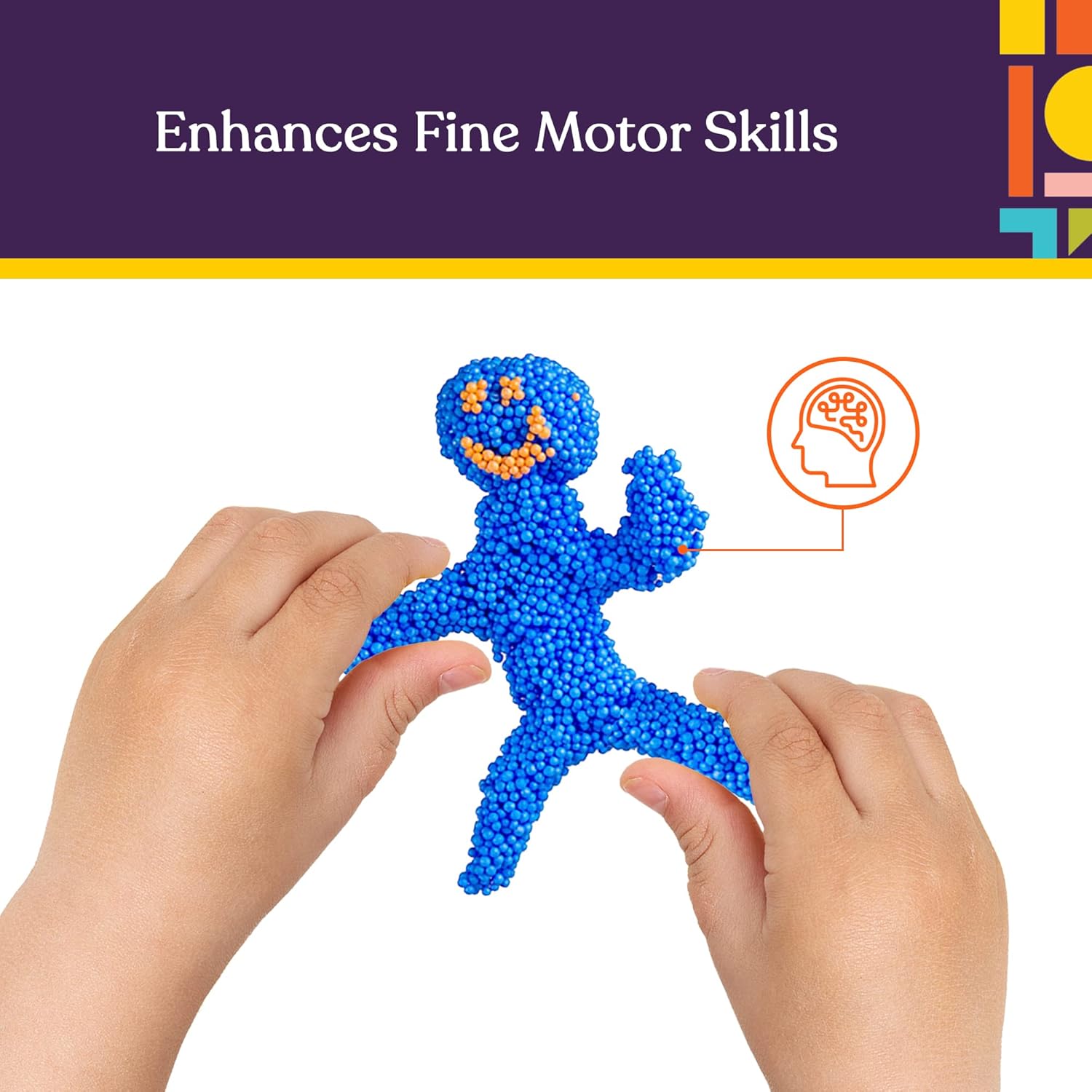 Blue bead figure being held by hands with text 'Enhances Fine Motor Skills' on a white background