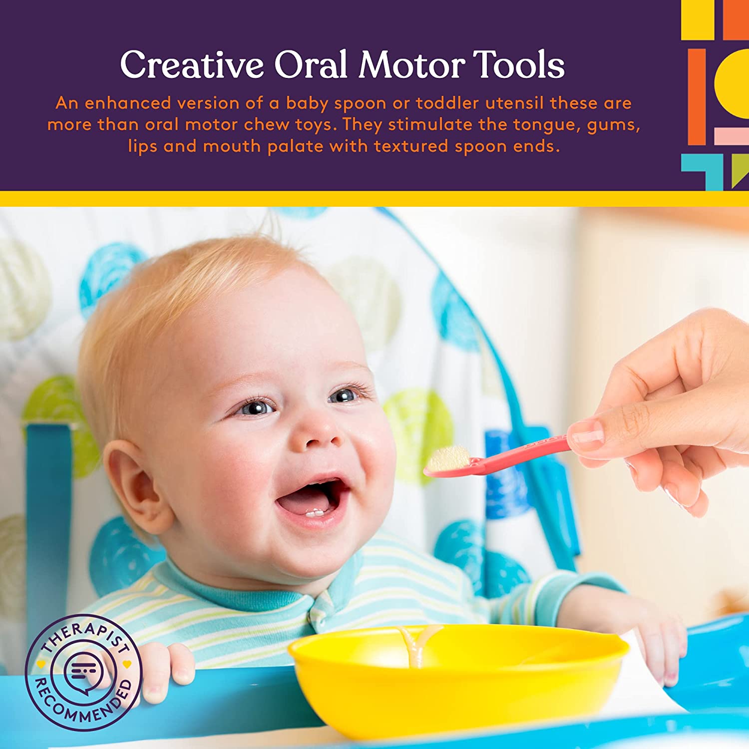 Baby being fed with a spoon and bowl, with text about creative oral motor tools.