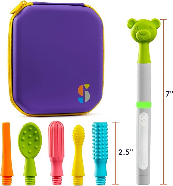 Children's toothbrush set with purple case, colorful brush heads, and green bear-shaped handle.