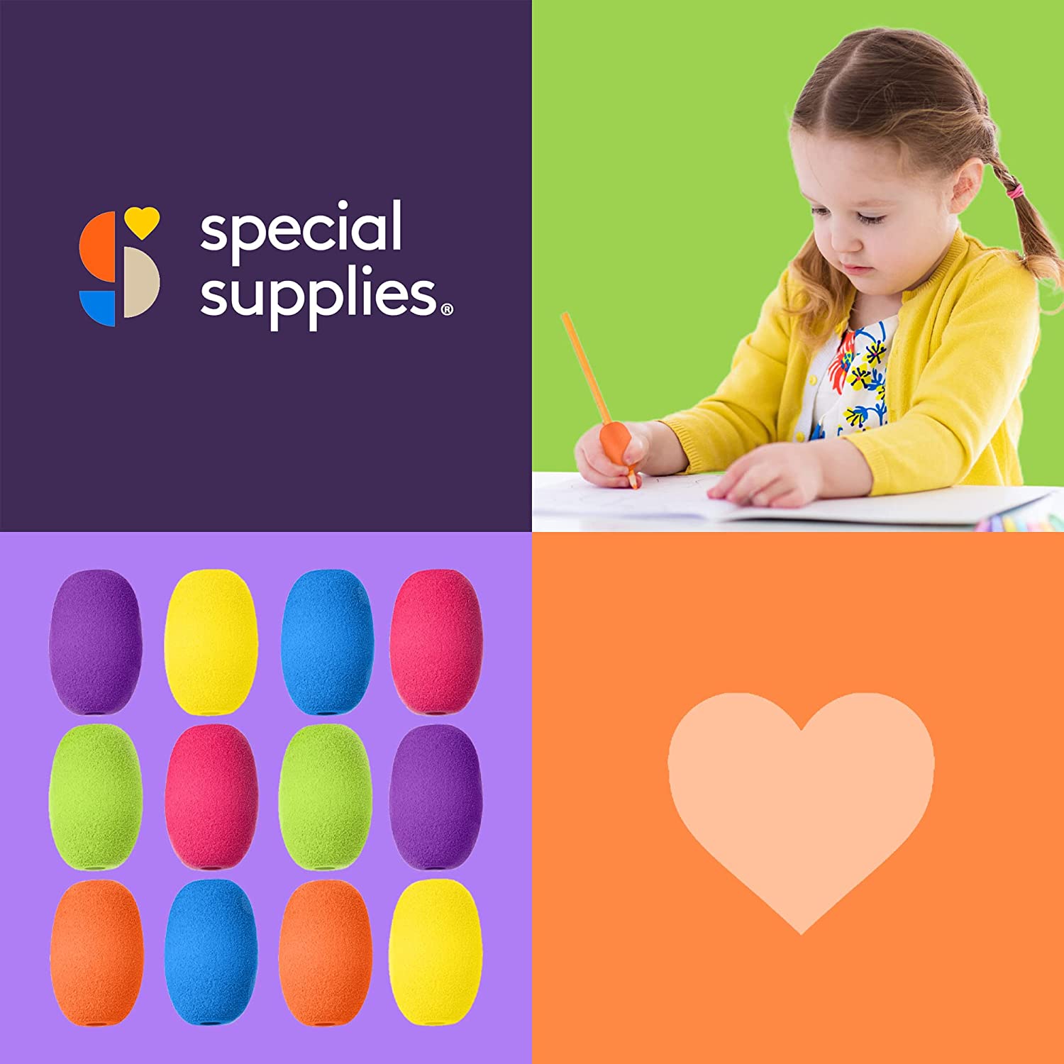Collage of a child coloring, Special Supplies logo, colorful eggs, and a heart cutout.