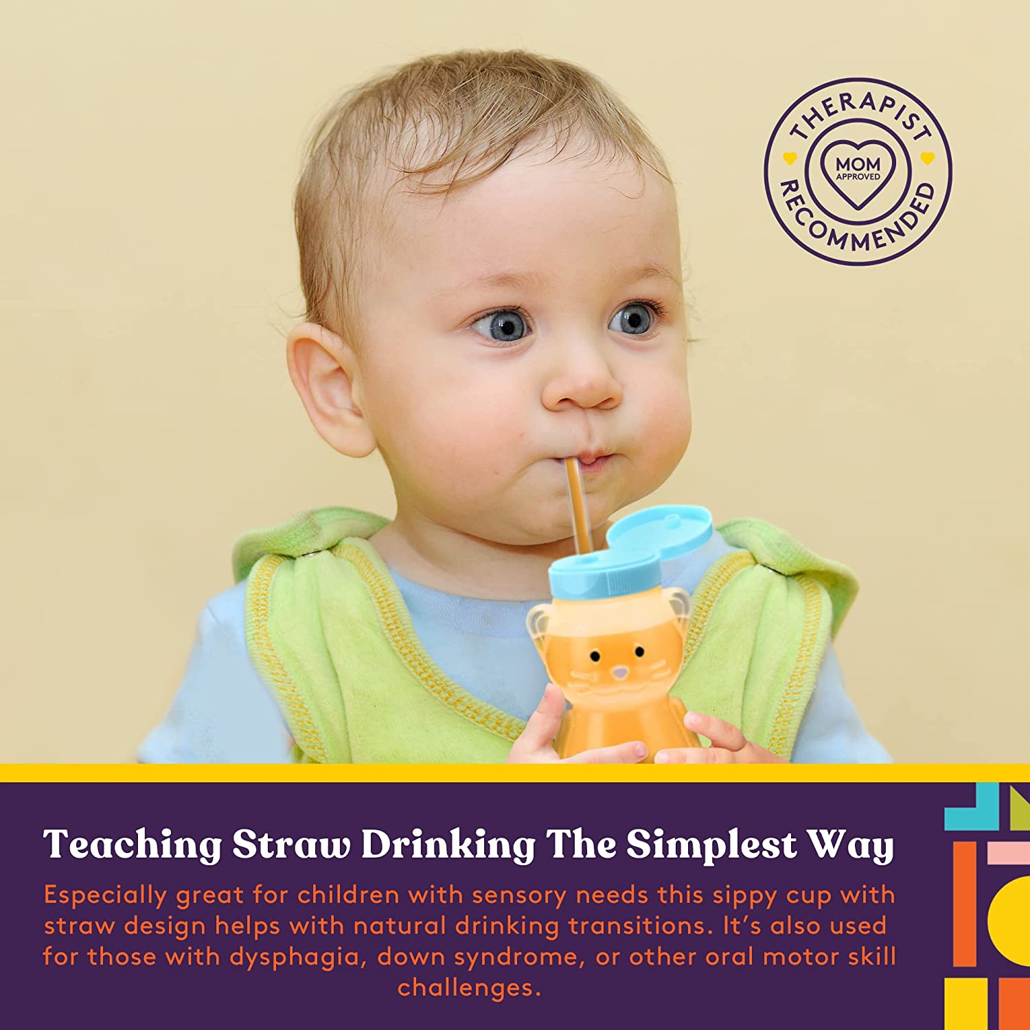 Baby drinking from a sippy cup with a straw on a beige background, featuring a 'Therapist Recommended' badge.