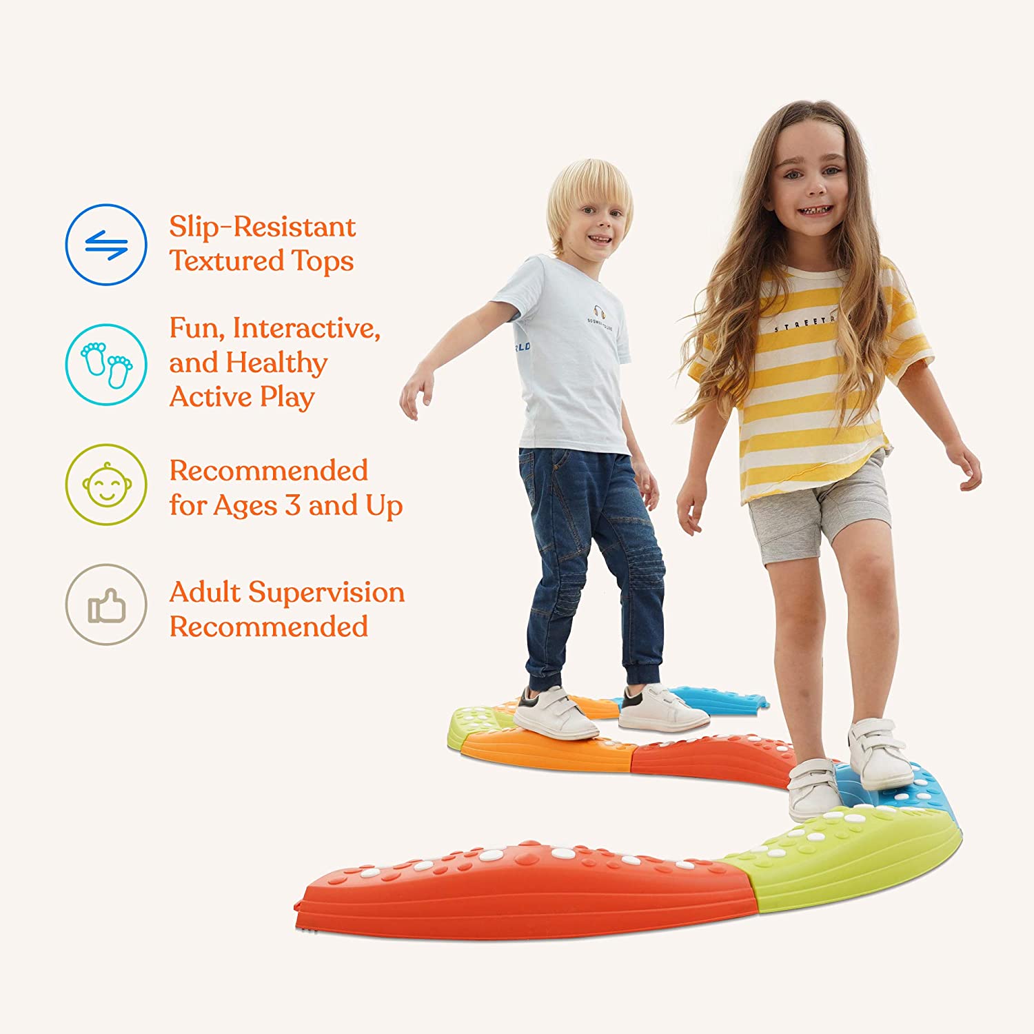 Two children playing on a colorful balance beam with product features listed.