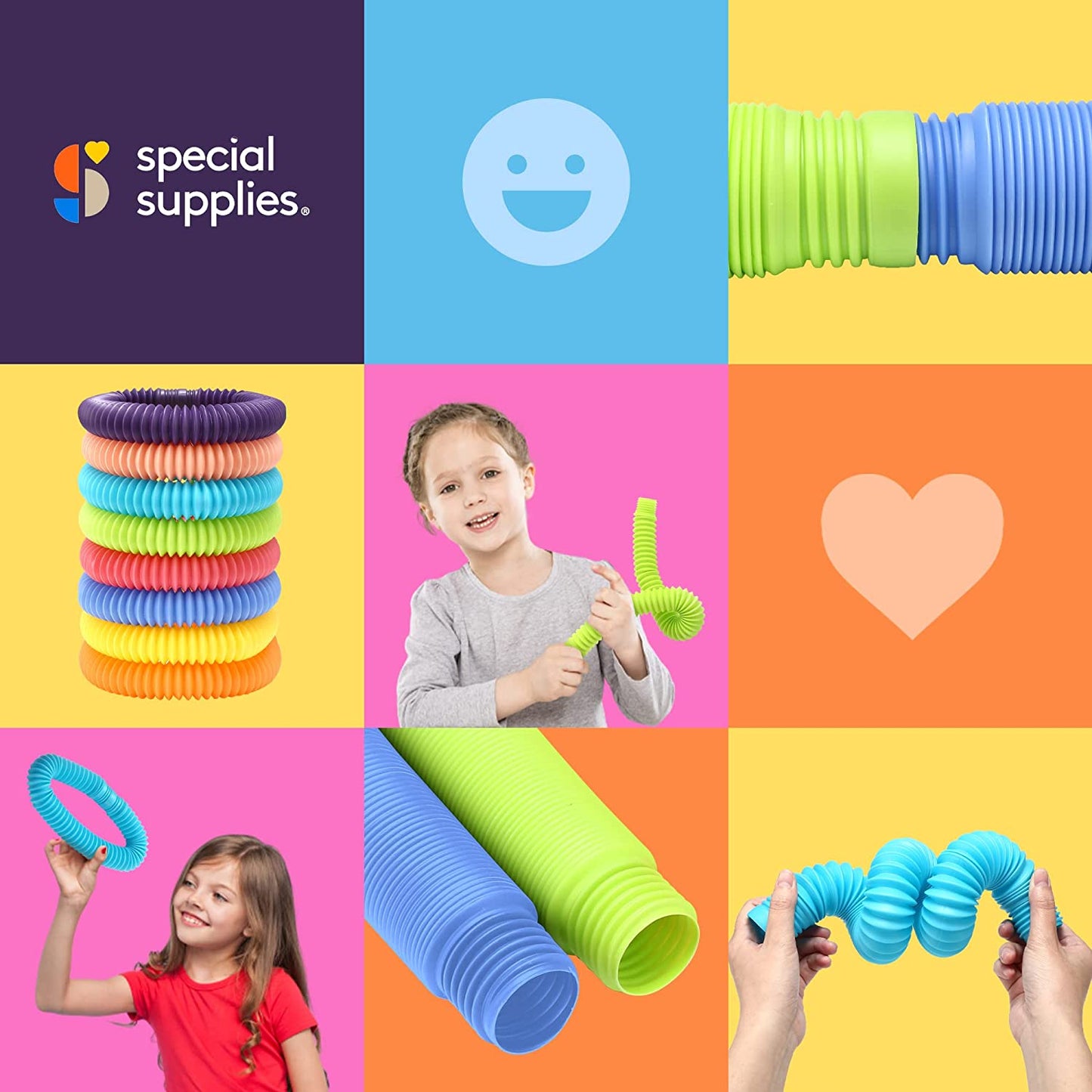 Colorful coiled toys with children and hearts on a grid of colorful squares, featuring 'special supplies.' logo.