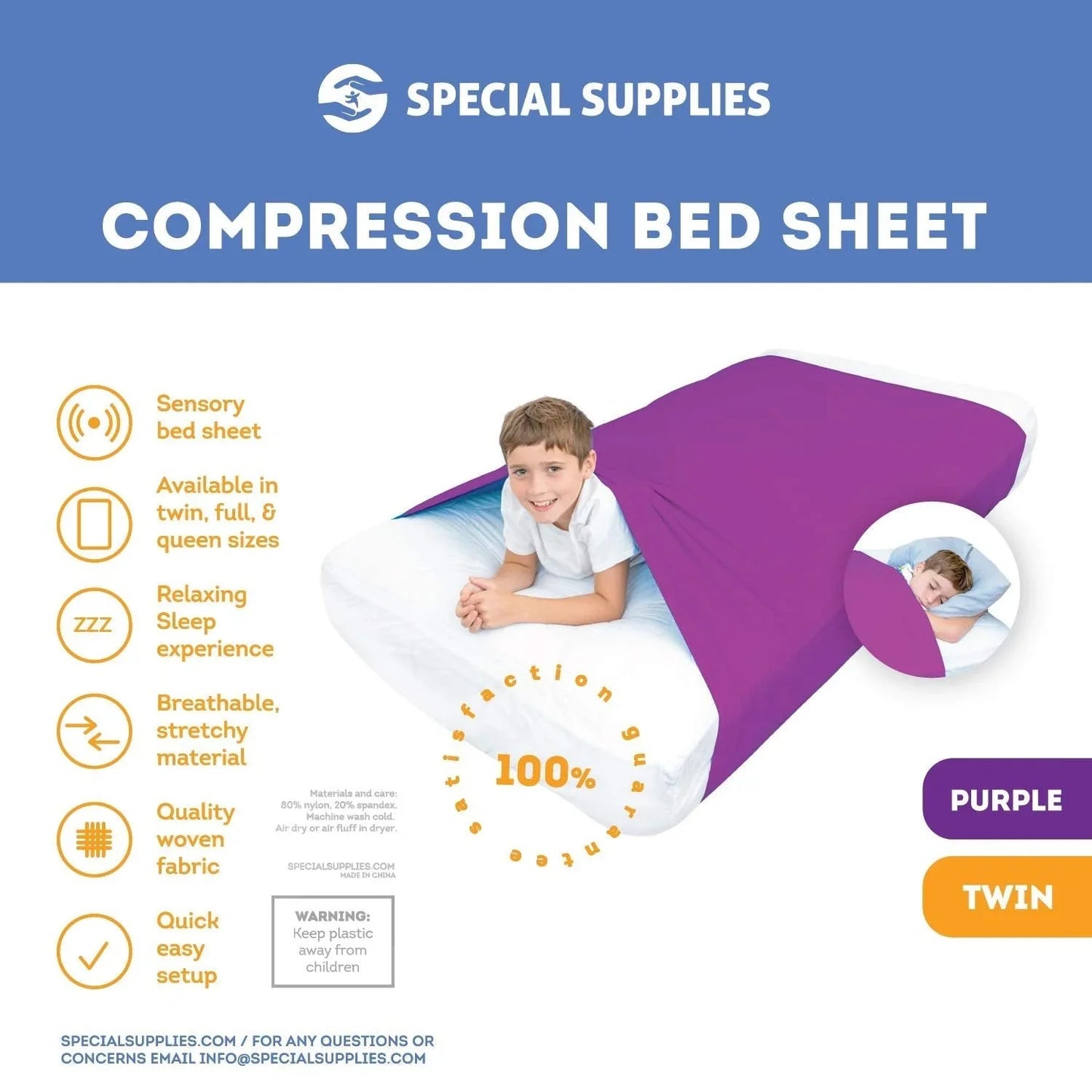 Boy under a purple sensory compression bed sheet for twin beds, relaxing sleep support.