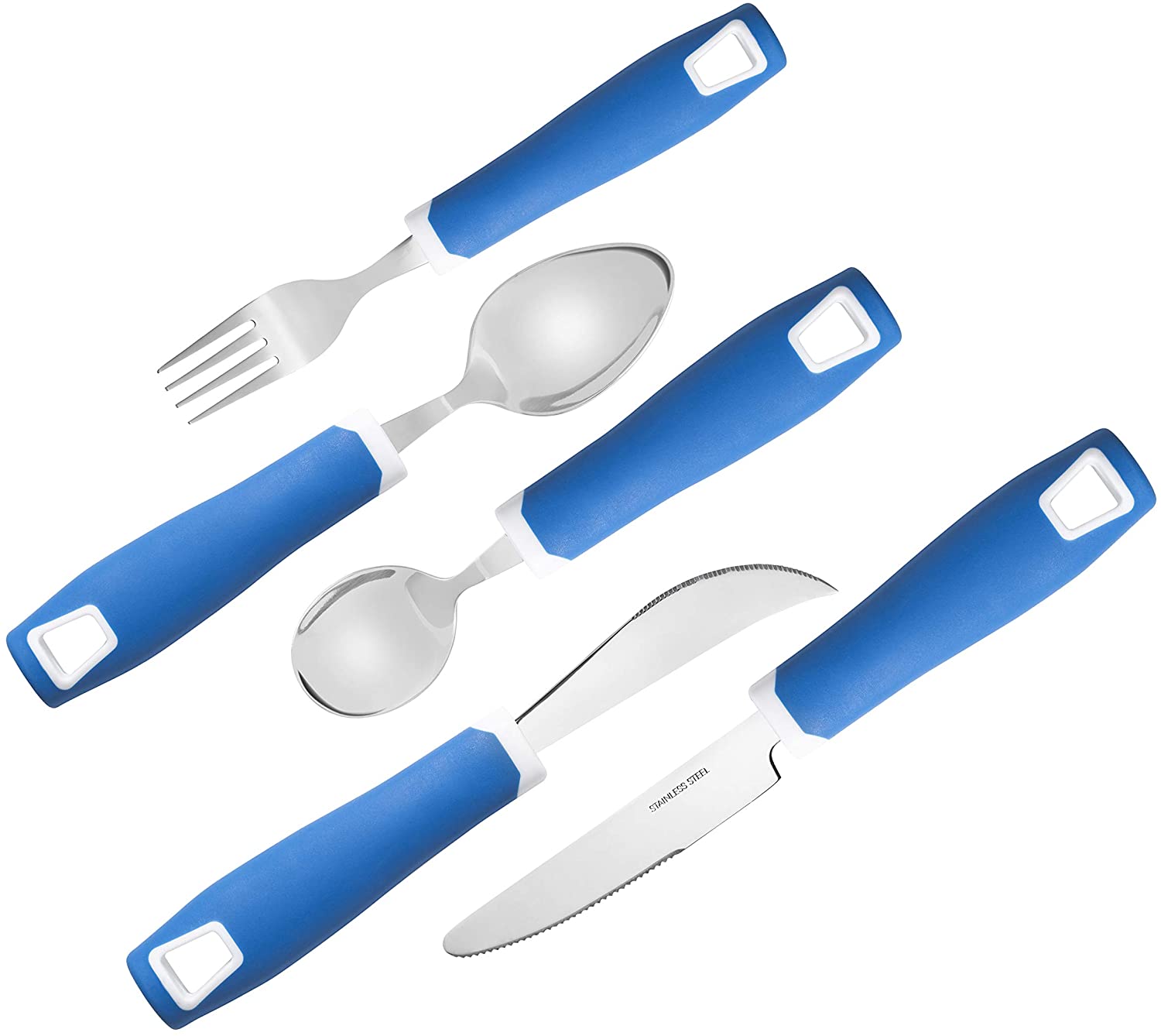 Set of 5 Blue Adaptive Utensils - Stainless Steel Knife, Rocker Knife, Fork, Soup Spoon, Dinner Spoon - Insight Family Market