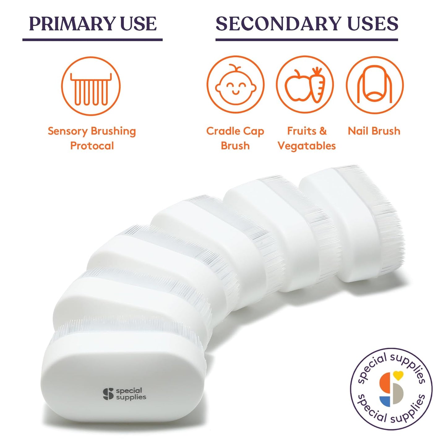 Special Supplies Sensory Brush Therapressure Therapy Brush for Occupational and Sensory Brushing, 6 Pack, White, Stimulating and Calming Tools for Kids and Adults, Soft Flexible Bristles, Latex Free