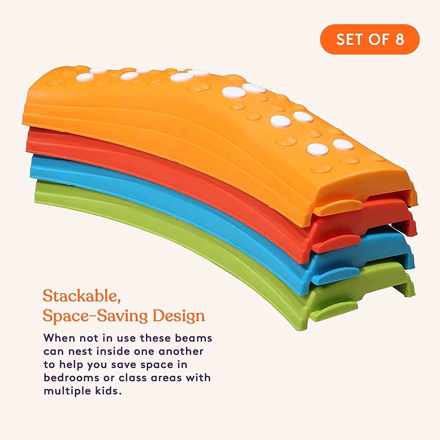Set of eight colorful plastic beams stacked on top of each other with text describing their stackable design.