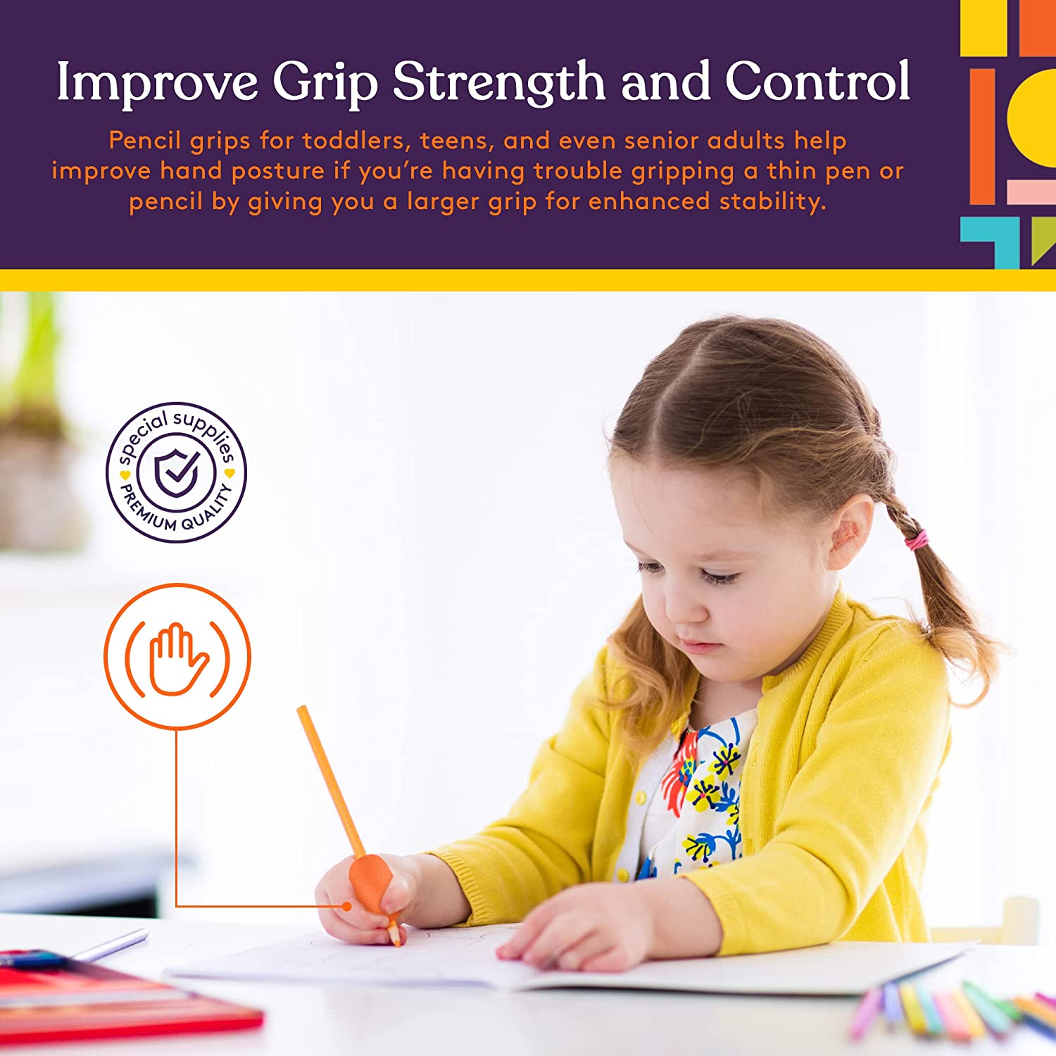 Child writing with a pencil grip device on a white background