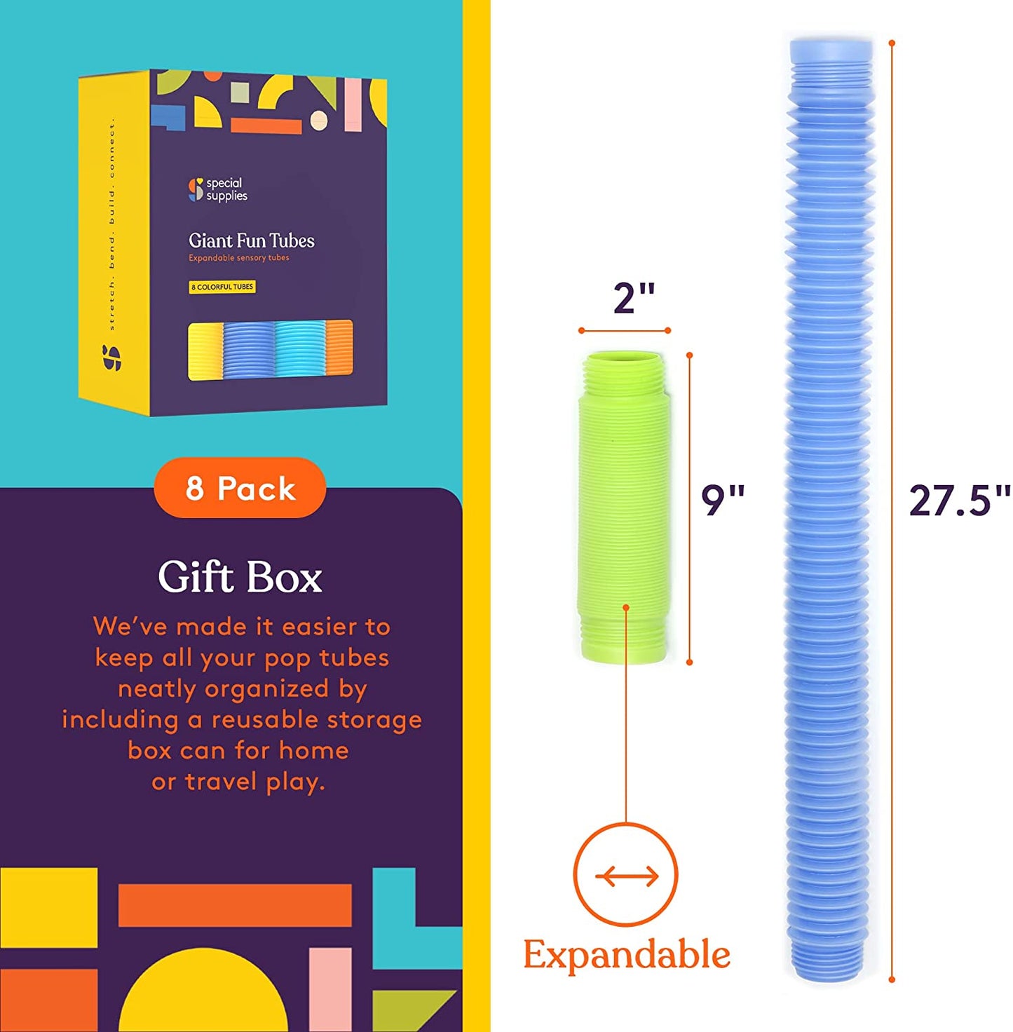 Giant Fun Tubes packaging with a blue tube and gift box on a teal background